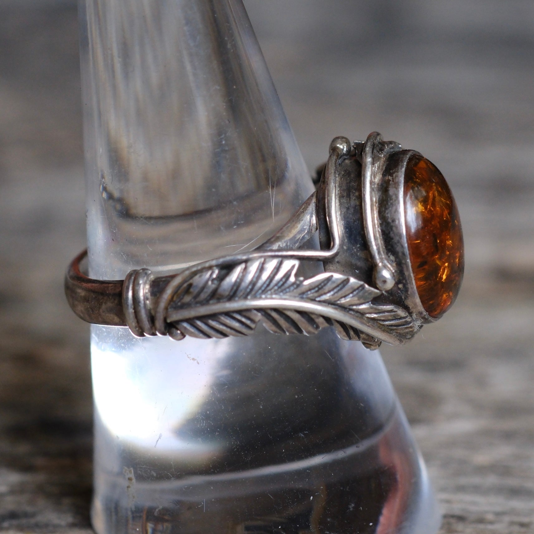 Vintage Sterling Amber Feather Ring 8.75