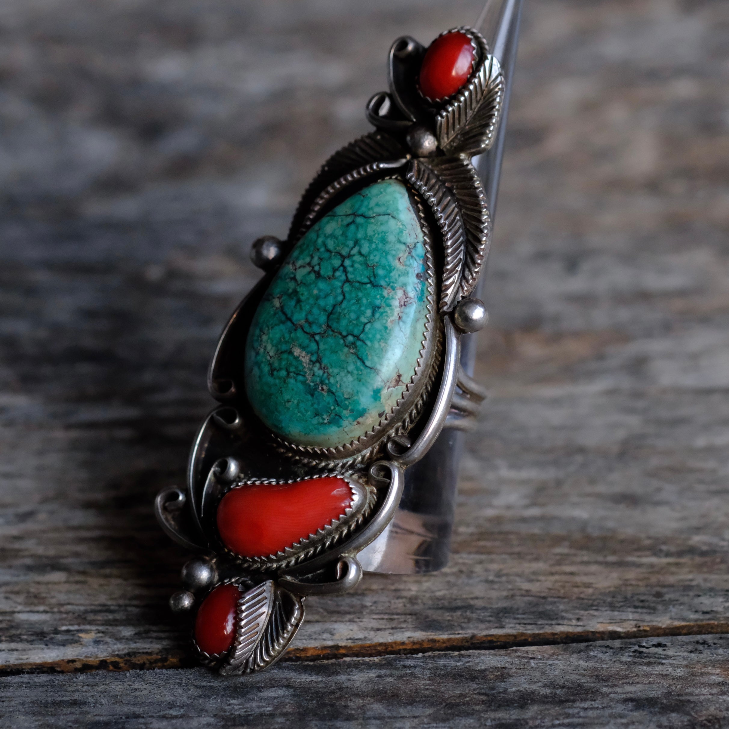 MASSIVE 3" Vintage Sterling Turquoise and Coral Feather Ring 9.5