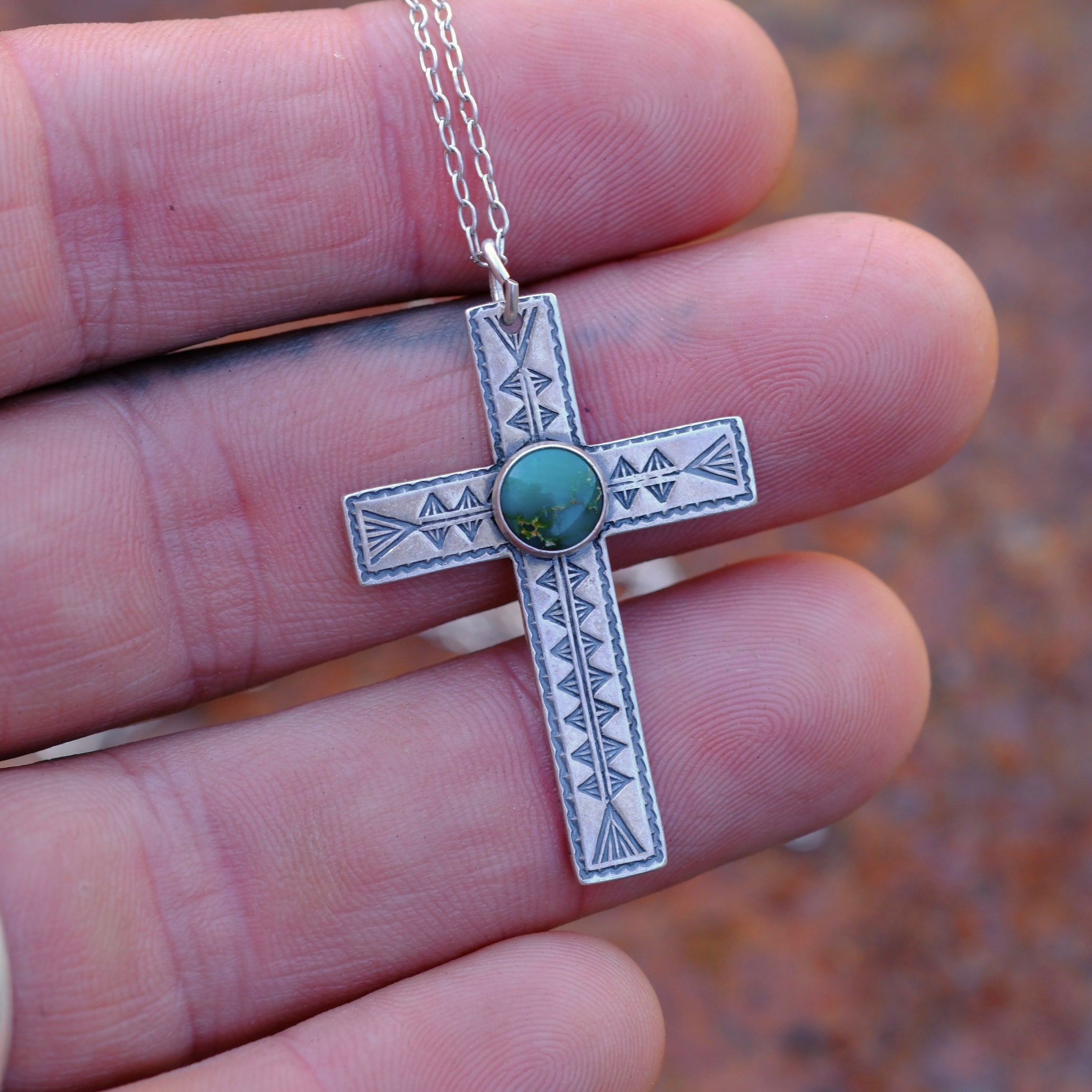 Vintage Sterling Turquoise Stamped Cross Necklace