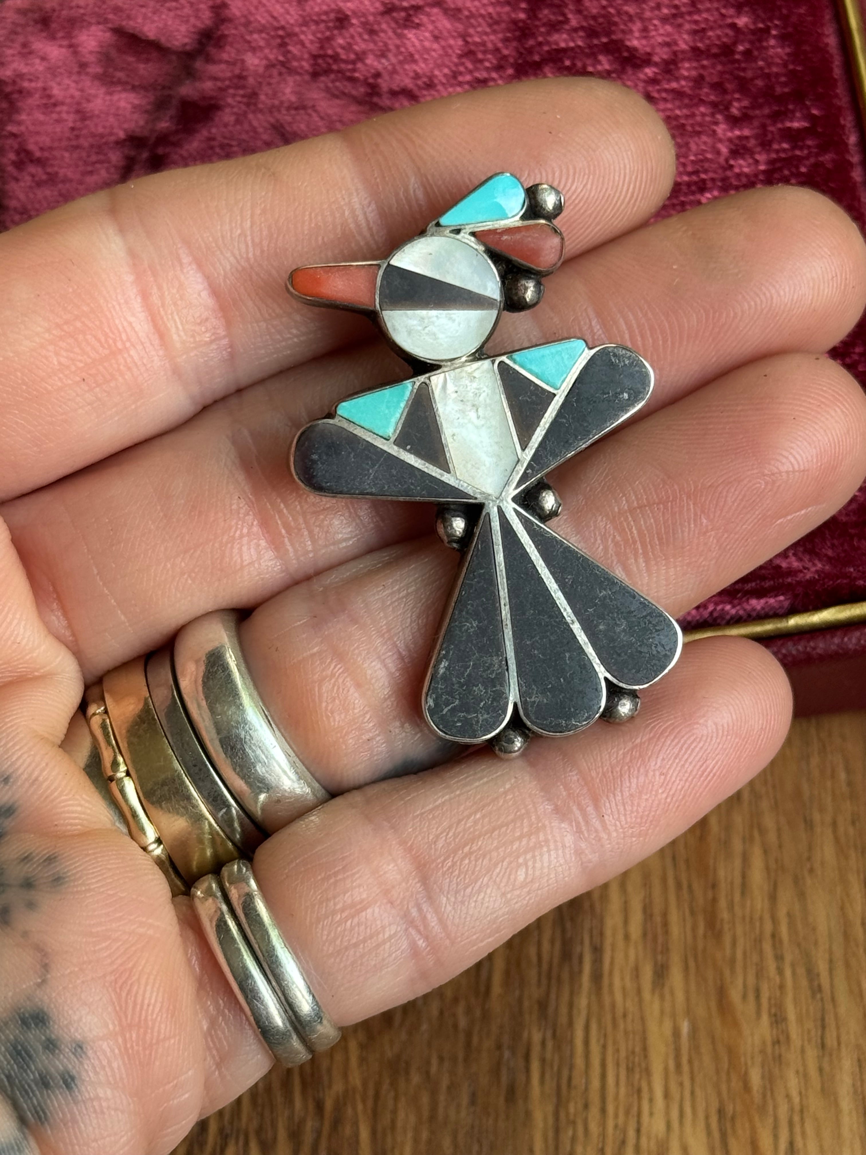 Vintage Sterling Silver Multistone Inlay Thunderbird Pin/Pendant