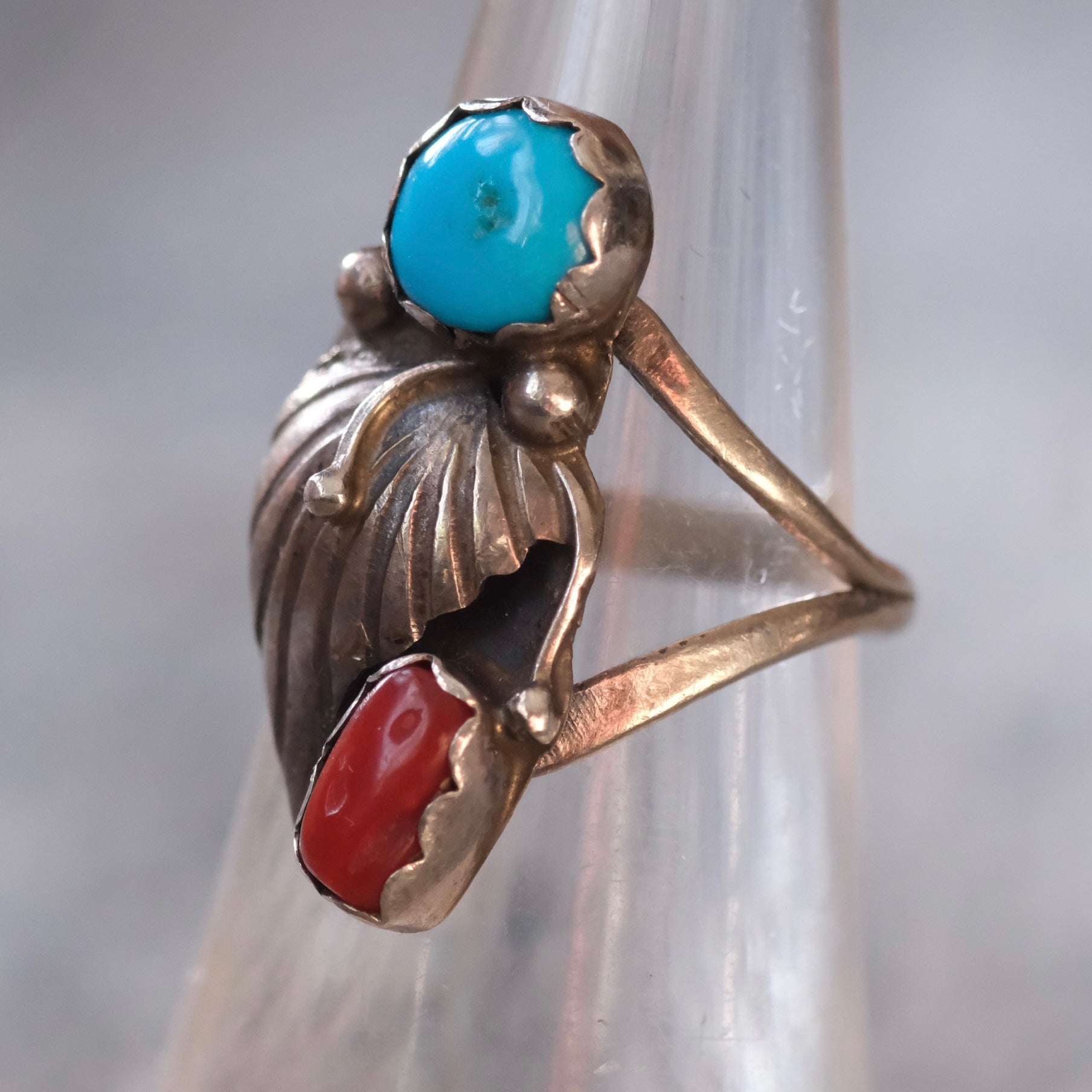 Vintage Sterling Turquoise and Coral Feather Ring 5.75