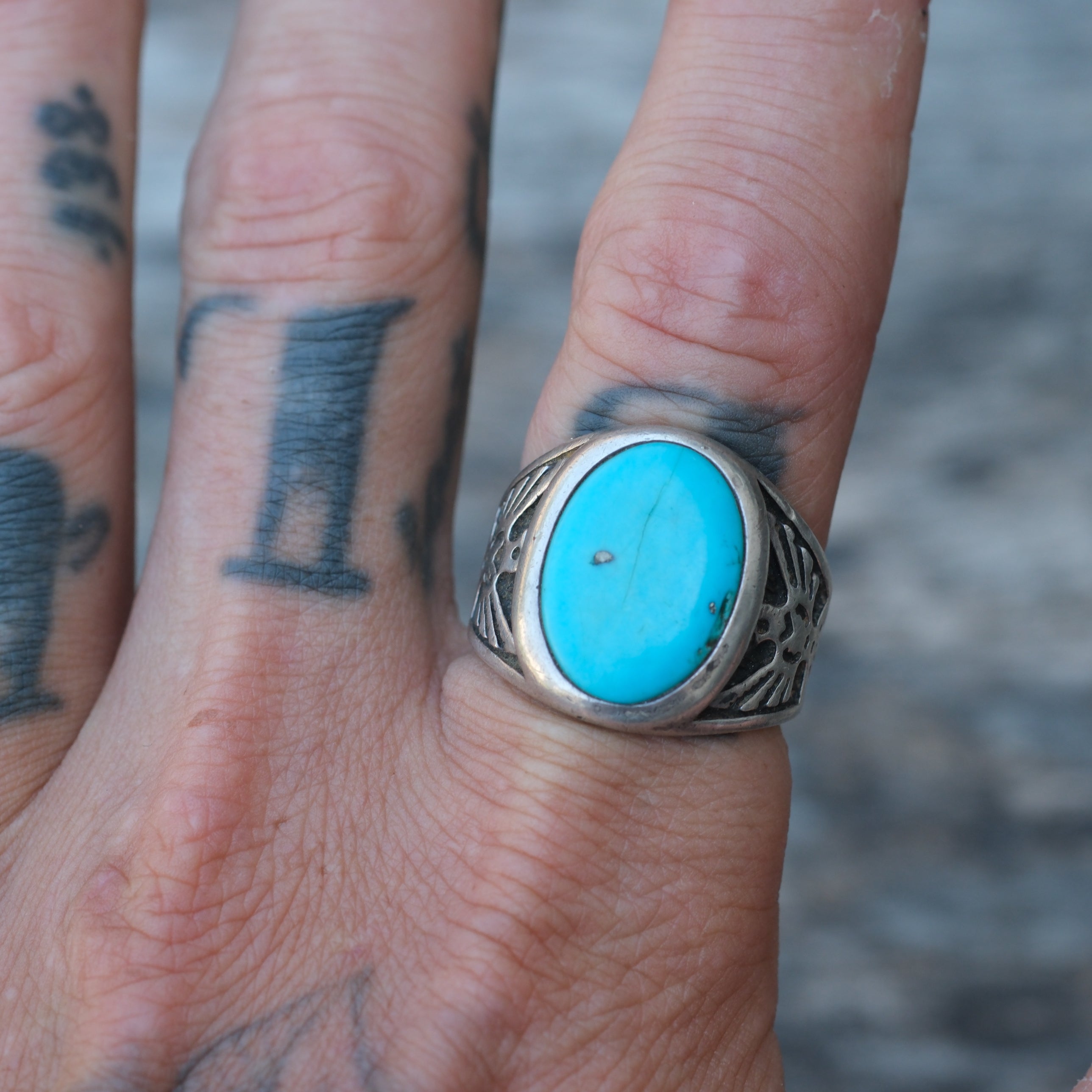Vintage Sterling Turquoise Thunderbird Ring 9.75