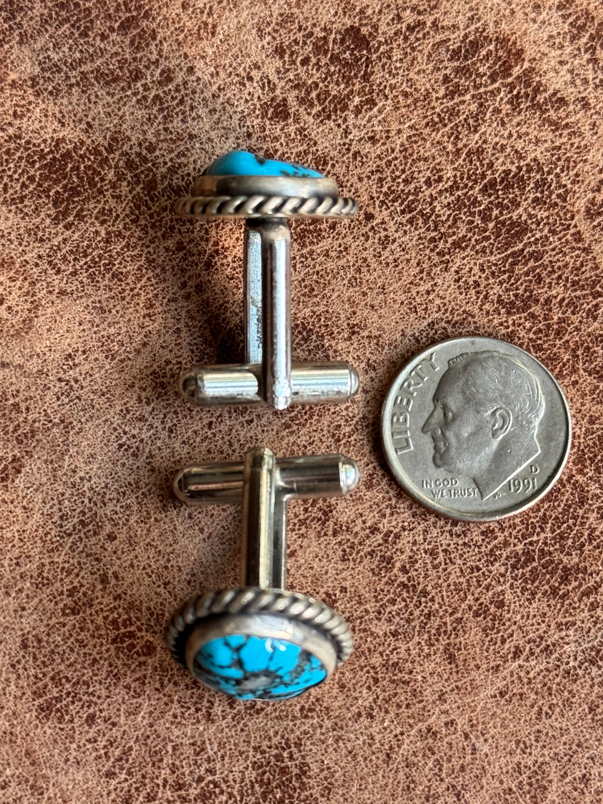 Vintage Sterling Silver Roped Turquoise Cufflinks