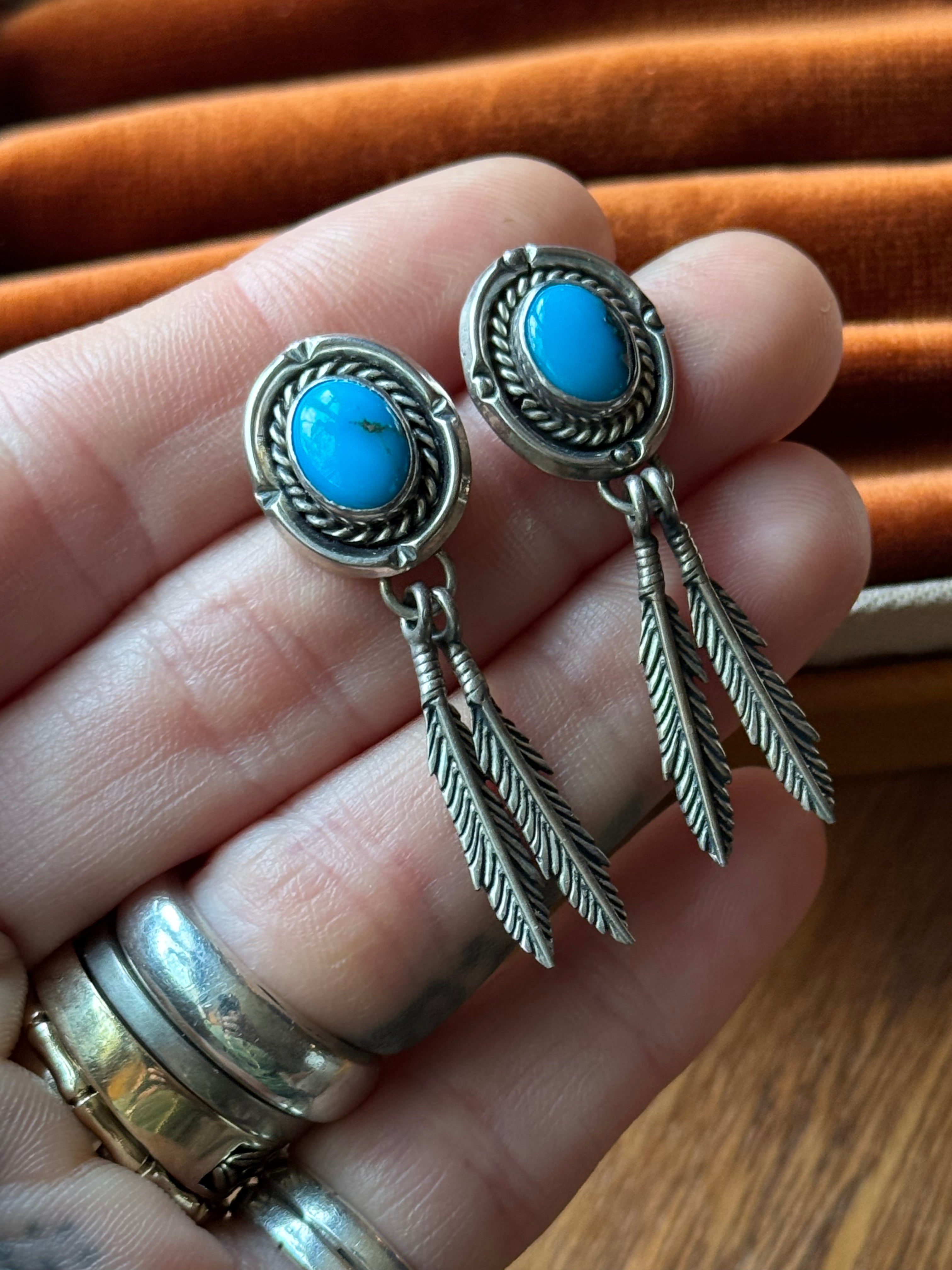 Vintage Sterling Silver Turquoise Feather Earrings