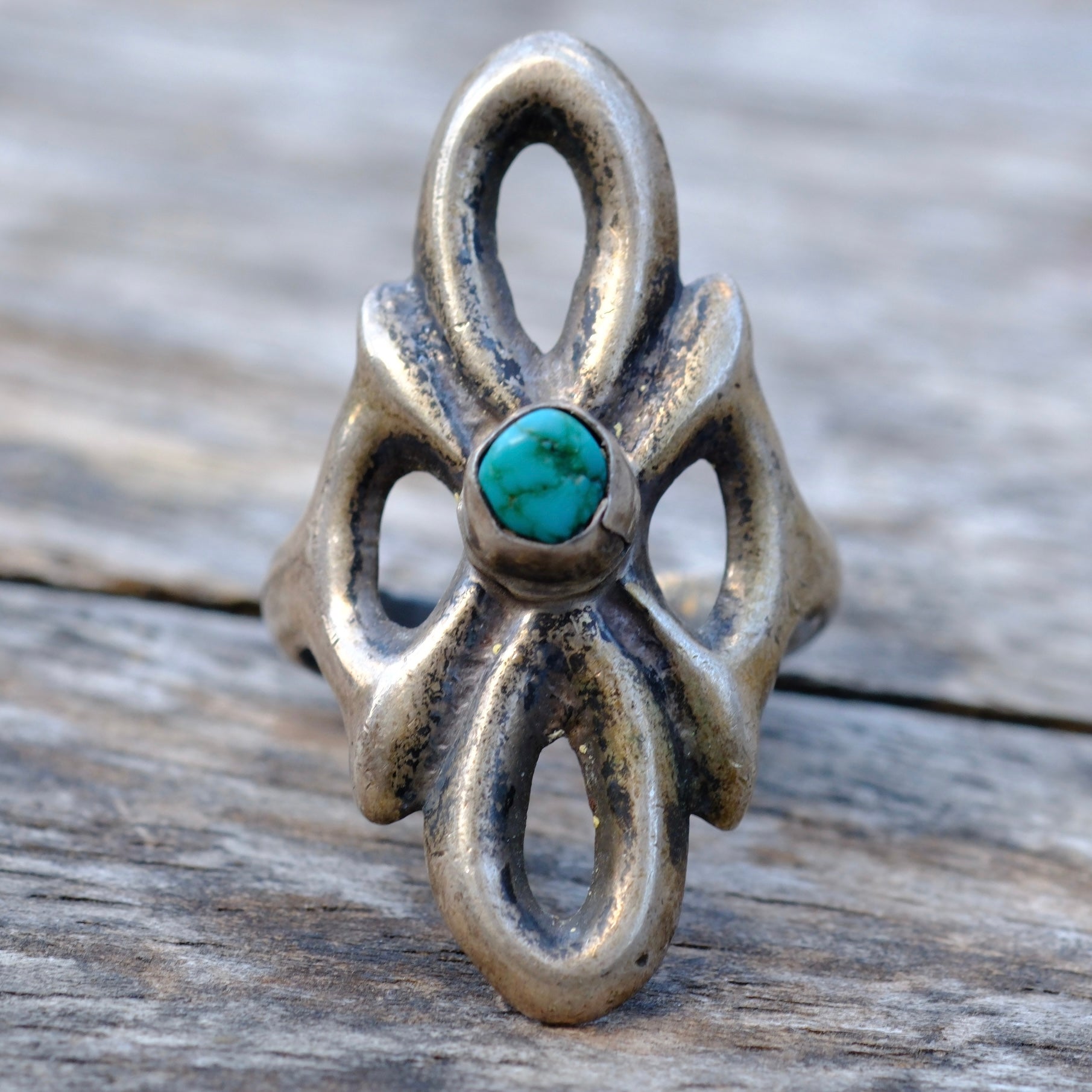 Vintage Sterling Turquoise Sand Cast Ring 6.5