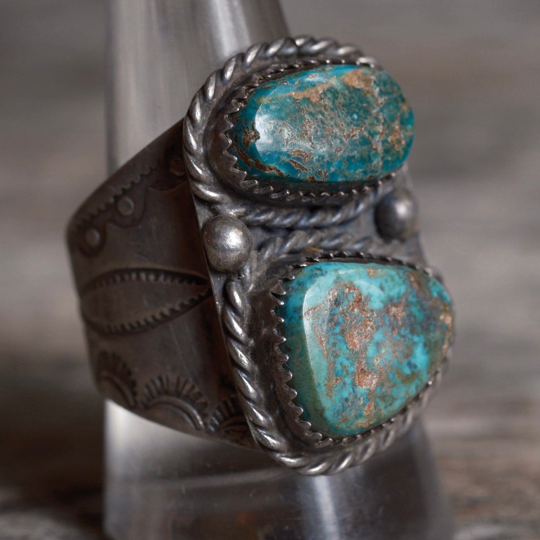 Vintage Sterling 2-Stone Turquoise Roper Ring 10.5