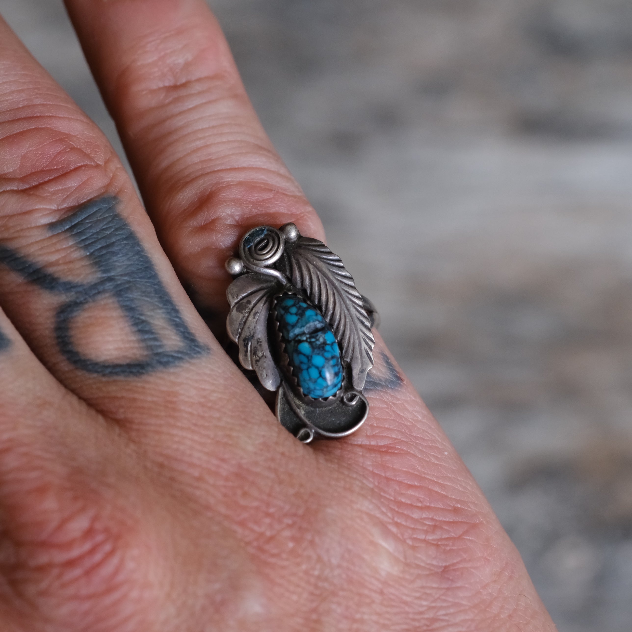 Vintage STerling Turquoise Feather Ring 6.75