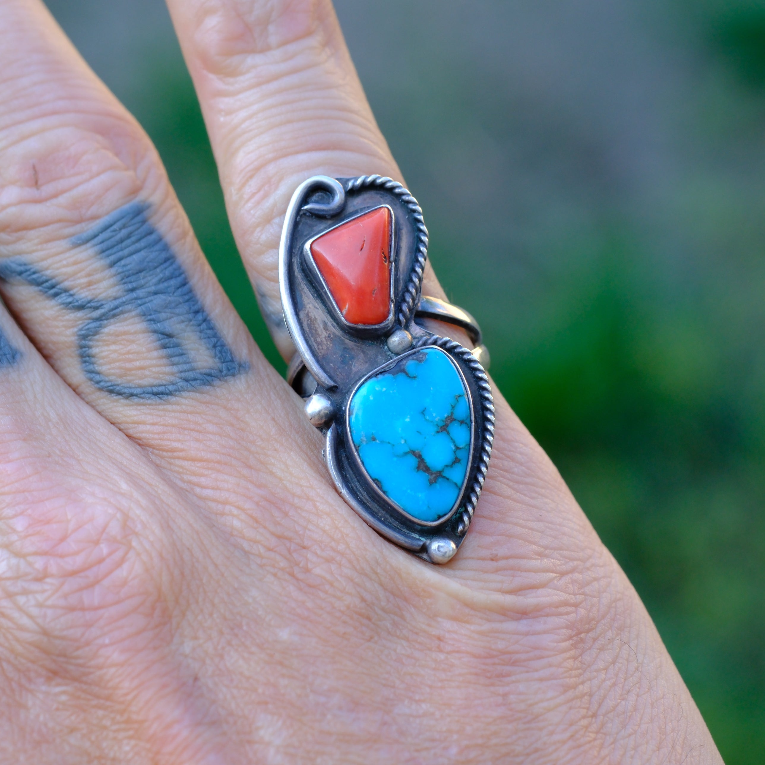 Vintage Sterling Turquoise and Coral Ring 6.75