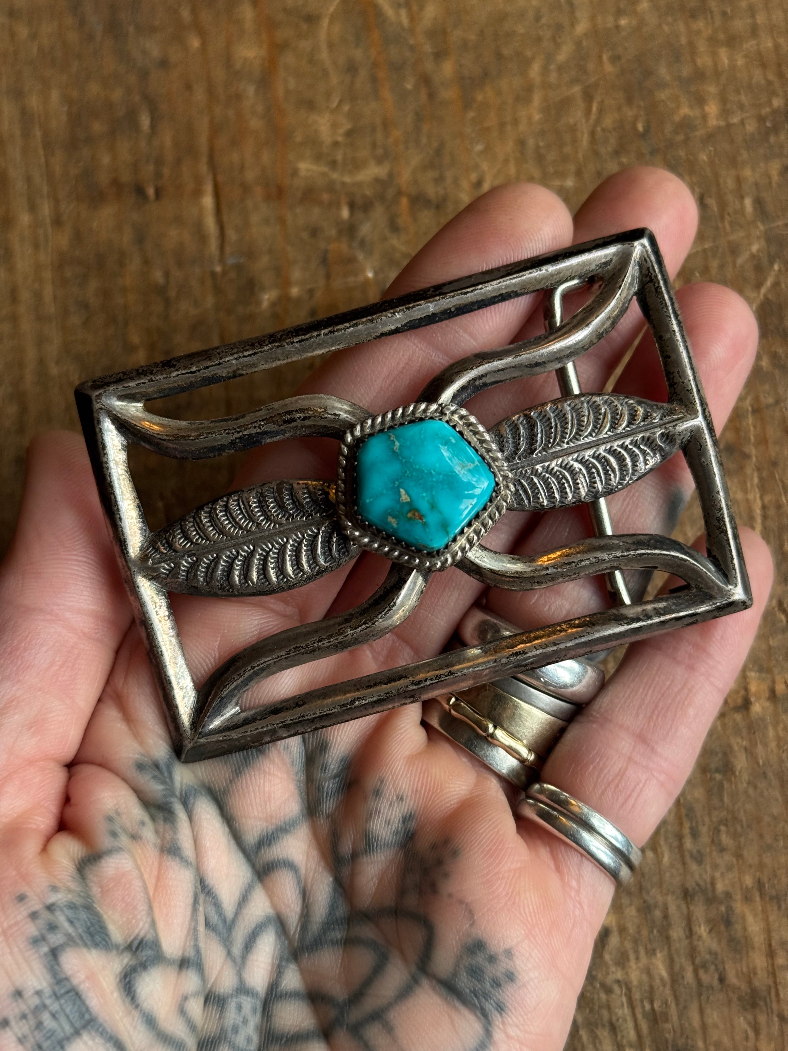Vintage Sterling Silver Turquoise Sandcast Leaf Belt Buckle
