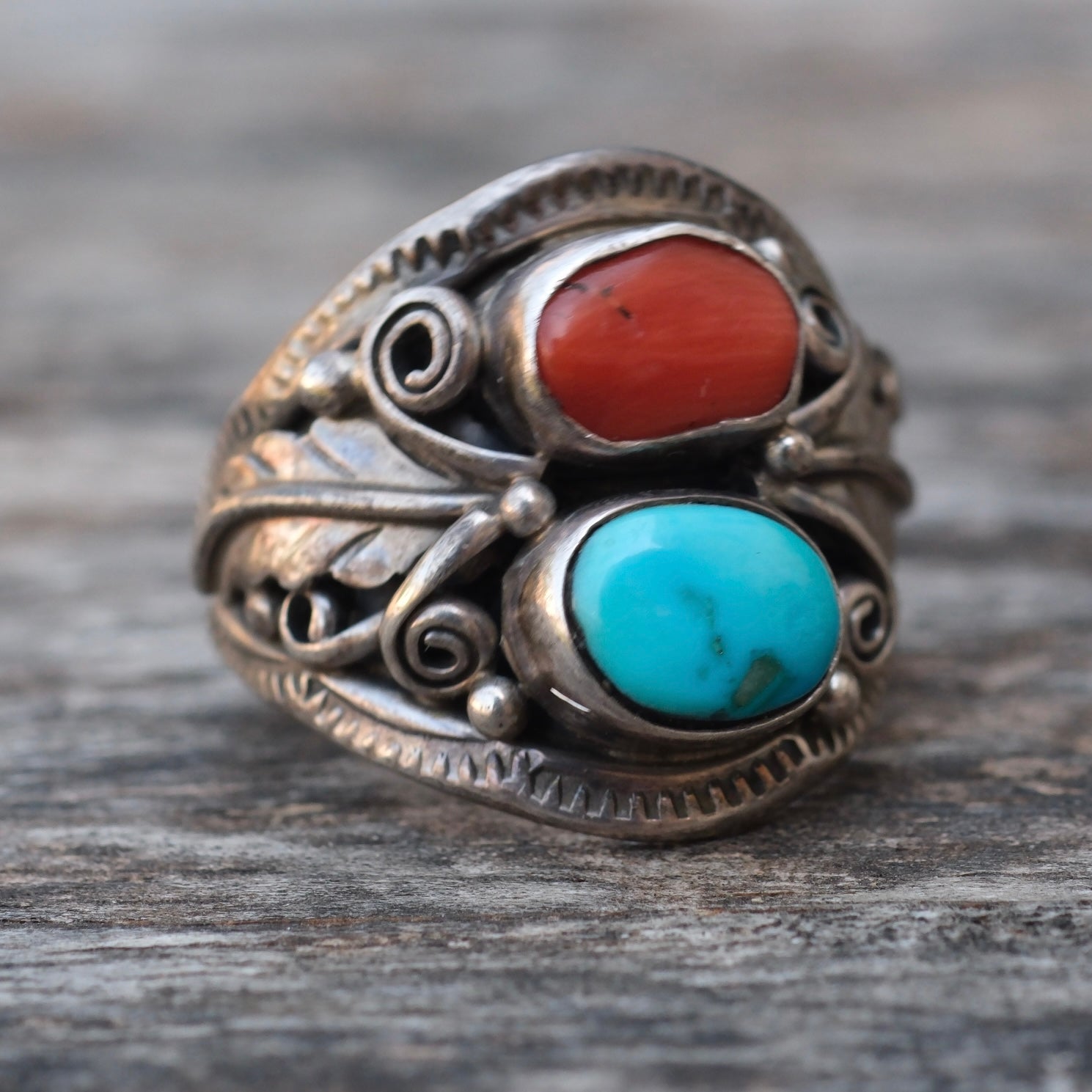Vintage Sterling Turquoise and Coral Feather Ring 7.75