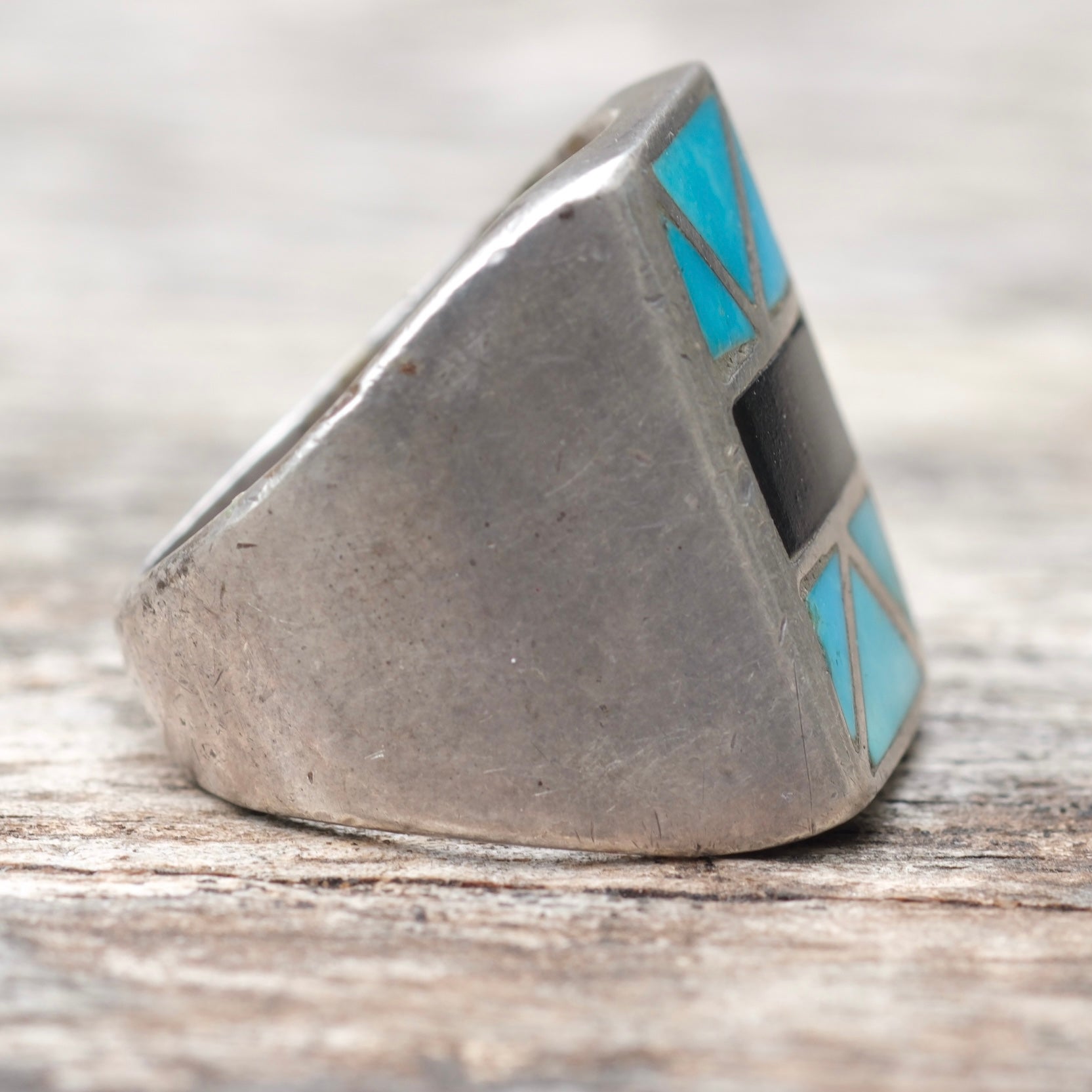 Vintage Sterling Turquoise and Onyx Inlay Ring 8