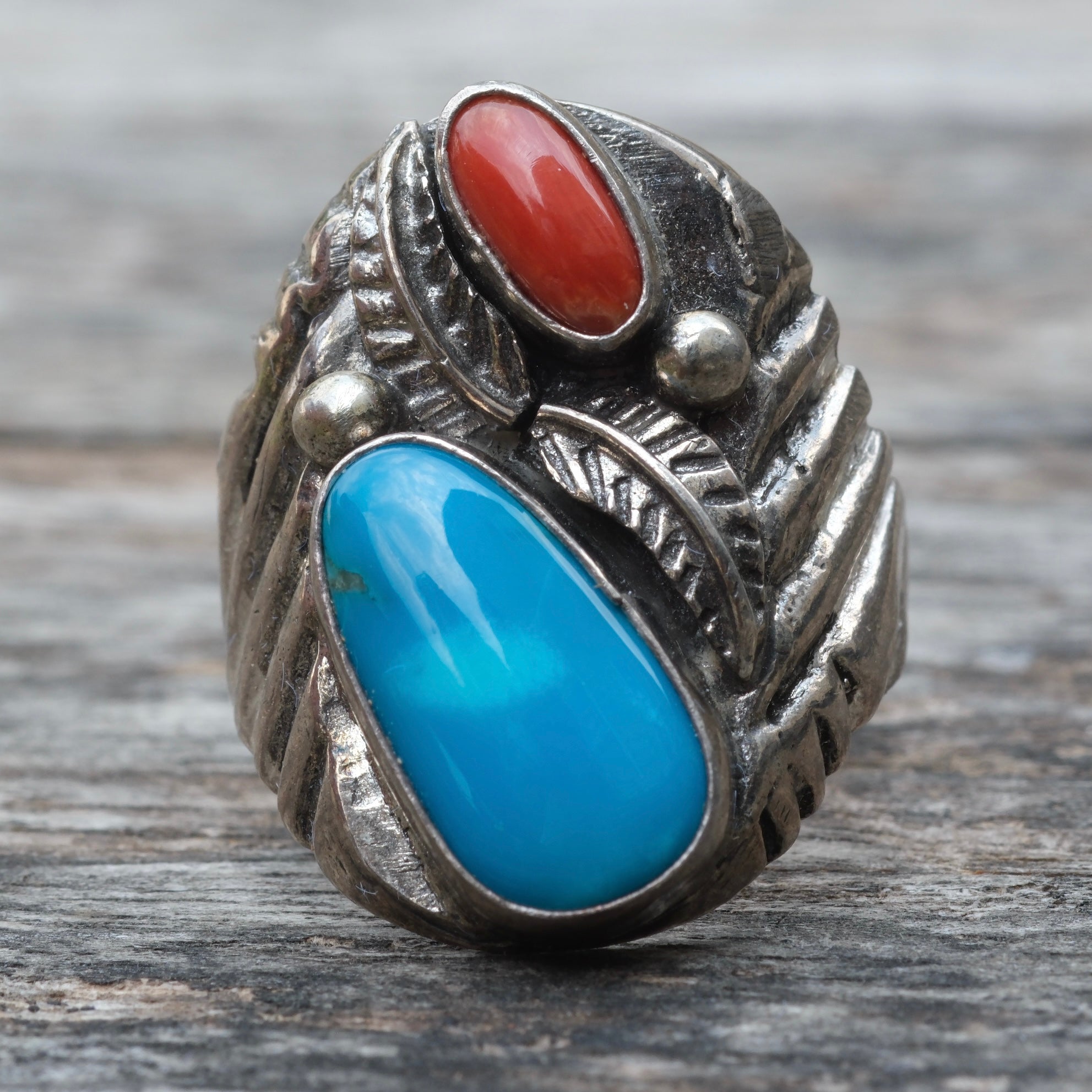 Vintage Sterling Turquoise and Coral Ring 9.75