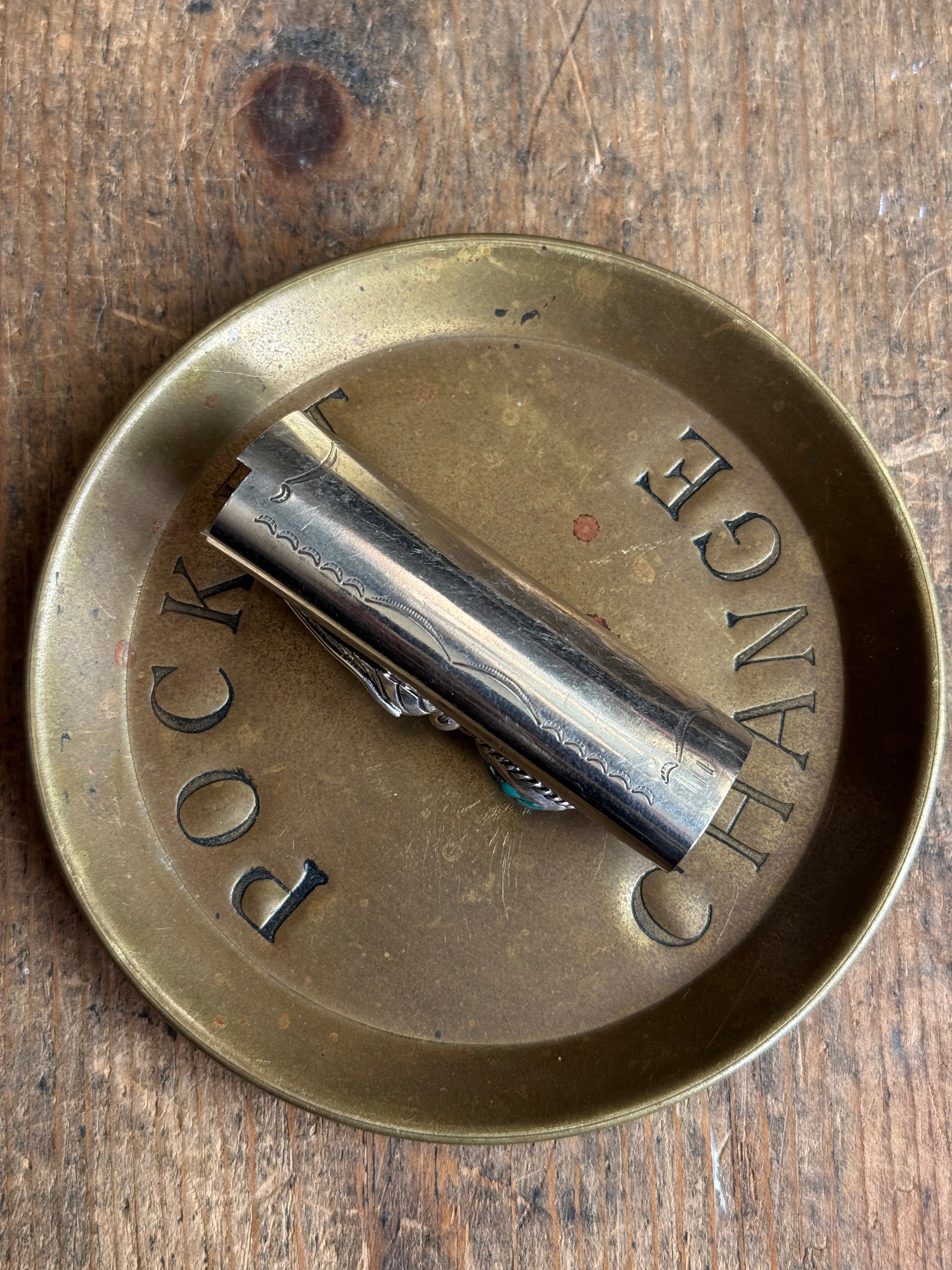 Vintage Stamped Nickel & Sterling Silver Turquoise Lighter Case