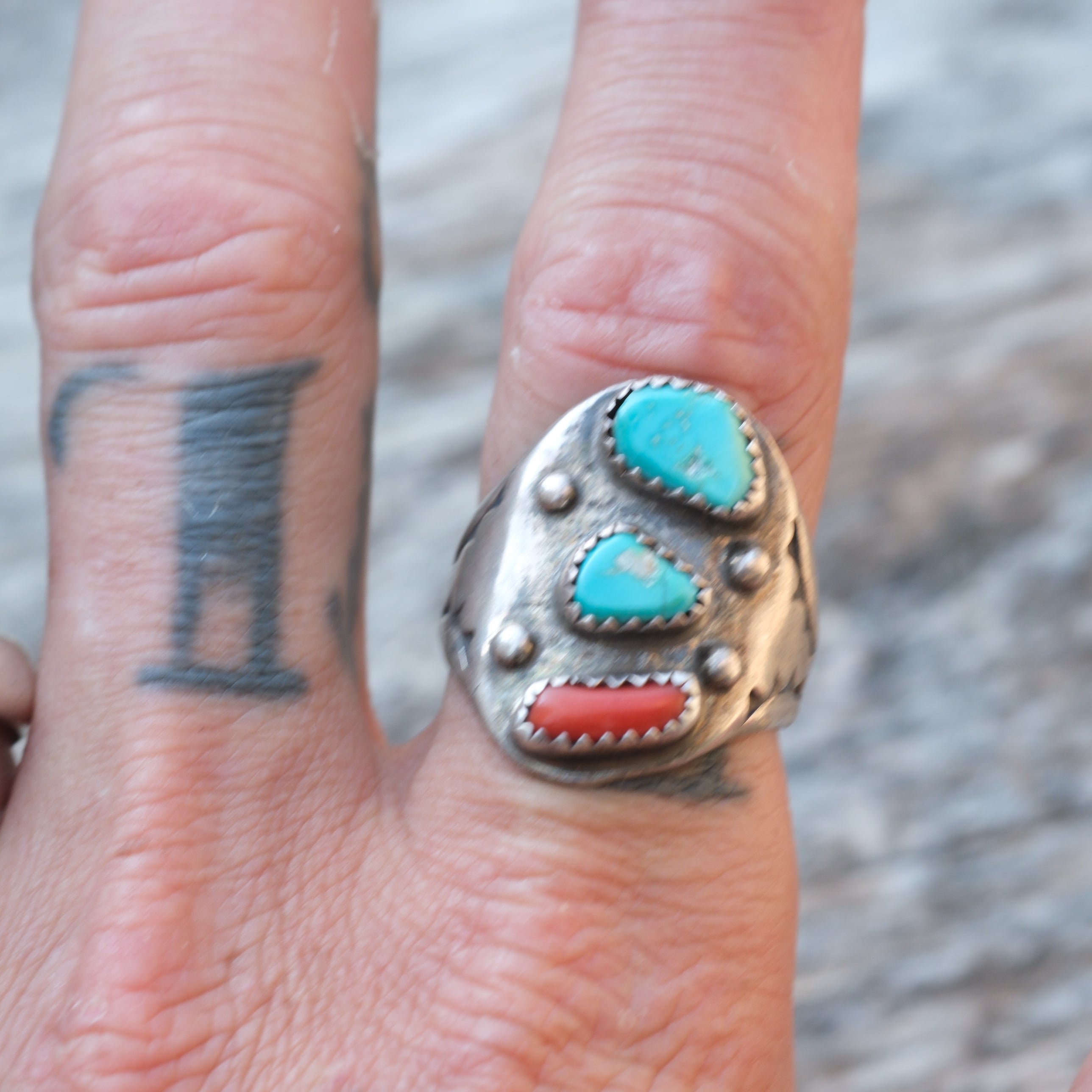 Vintage Sterling Turquoise and Coral Ring 10.25