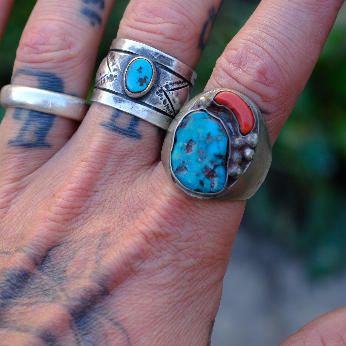 Vintage Sterling Turquoise and Coral Ring 12.5