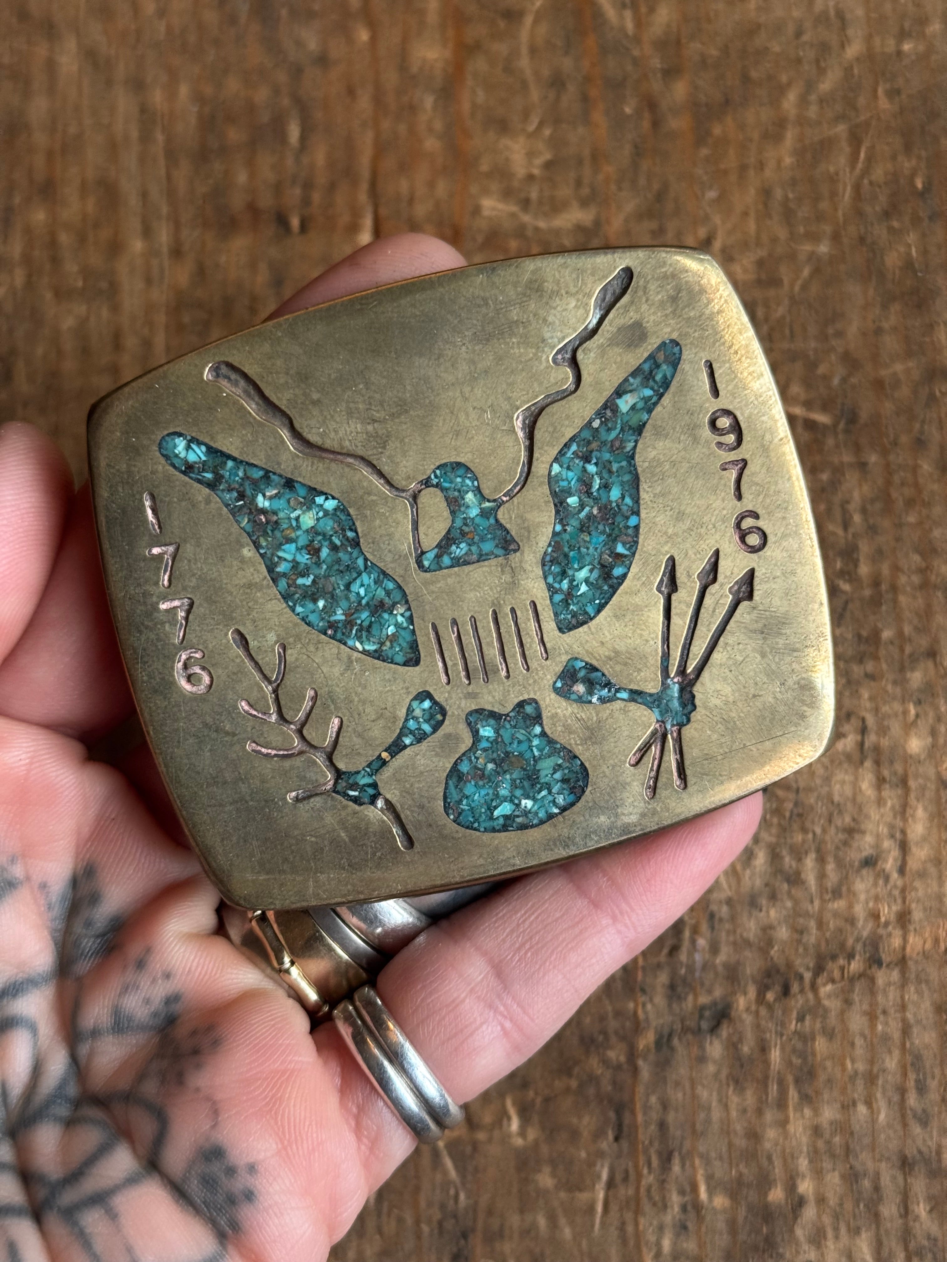 Vintage Brass & Crushed Turquoise Centennial Belt Buckle