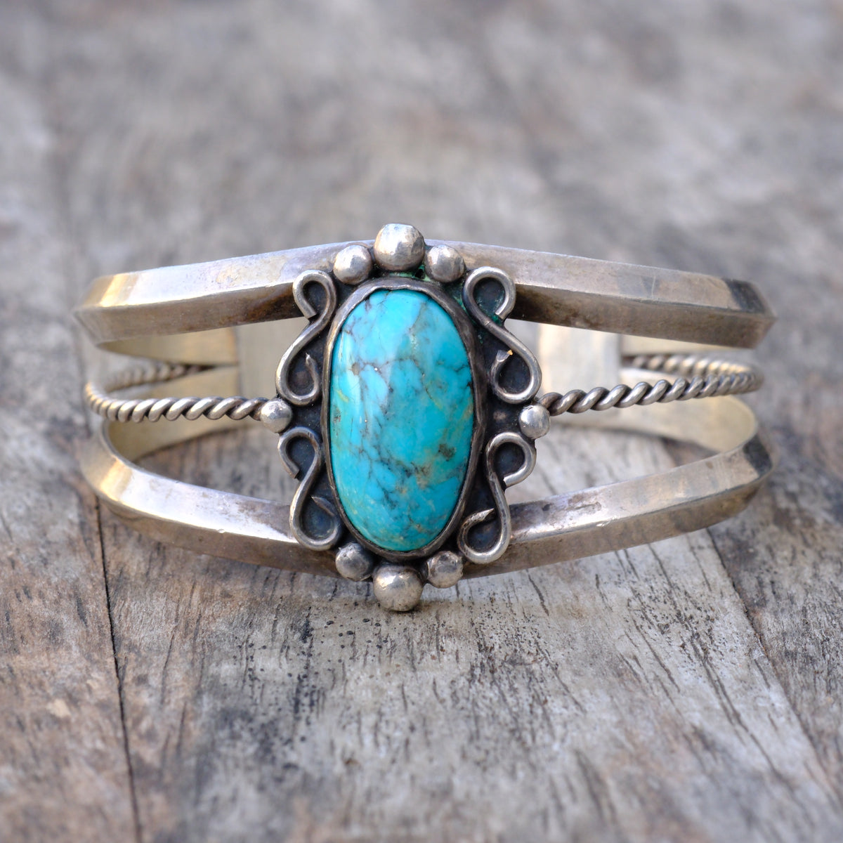 Vintage Sterling Turquoise Florette Cuff Bracelet
