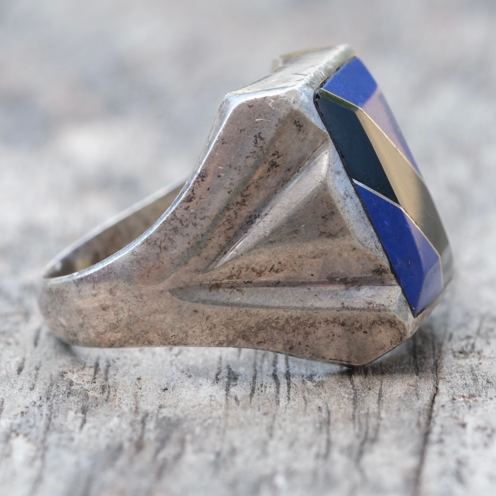 Vintage Sterling Lapis and Onyx Inlay Ring 11.5
