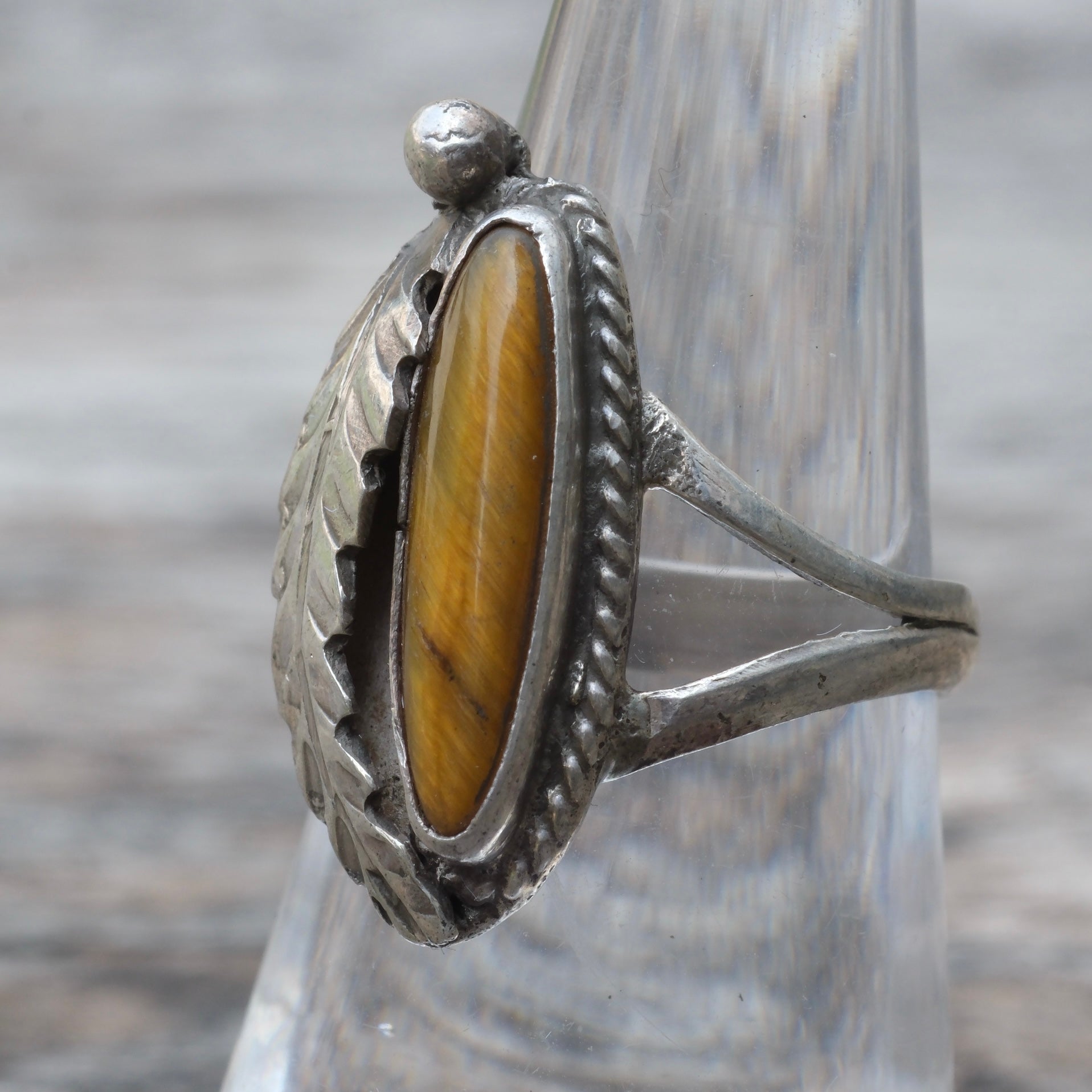 Vintage Sterling Tigers Eye Feather Ring 6.5