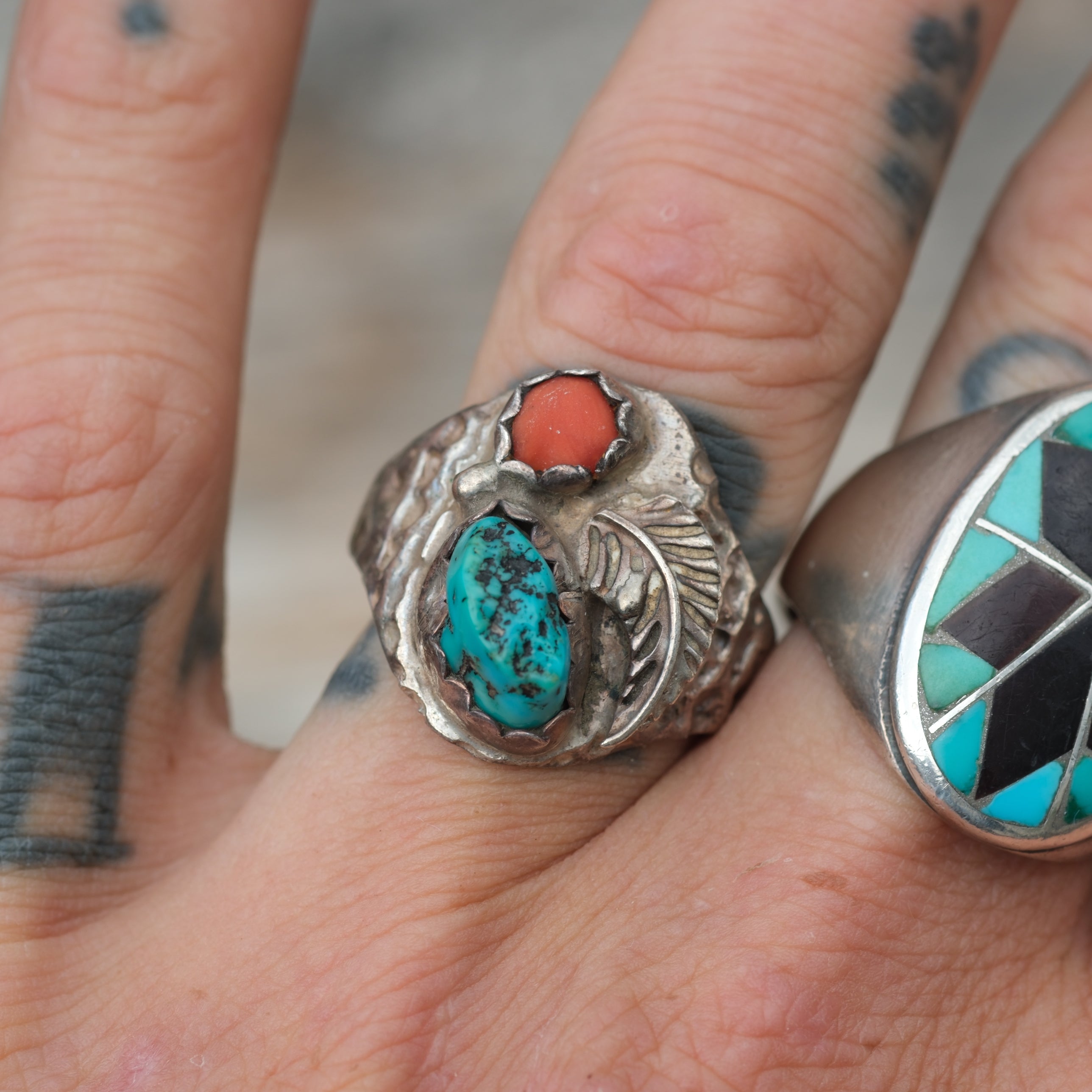 Vintage Sterling Turquoise and Coral Ring 10.25