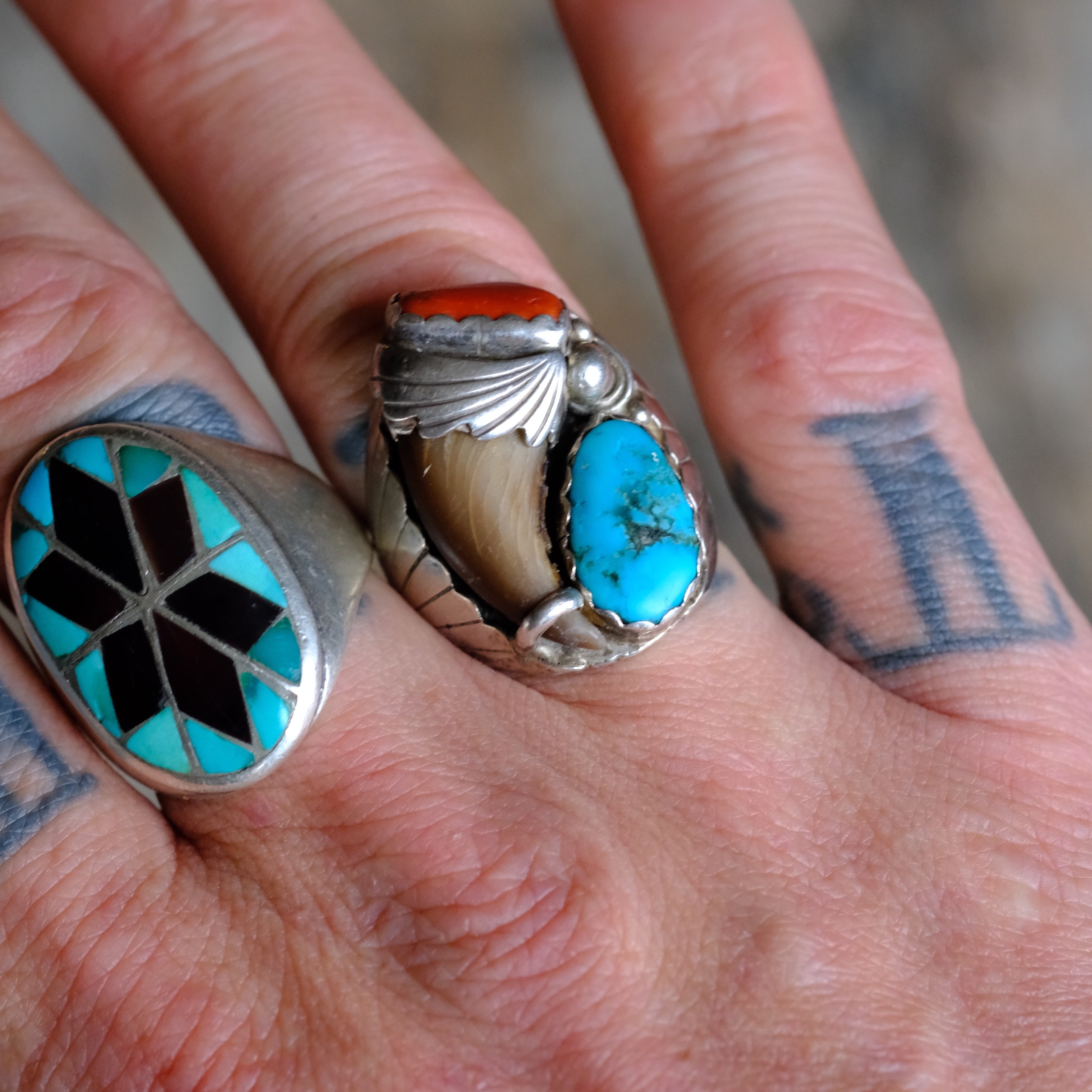 Vintage Sterling Turquoise and Coral Claw Ring 8.25