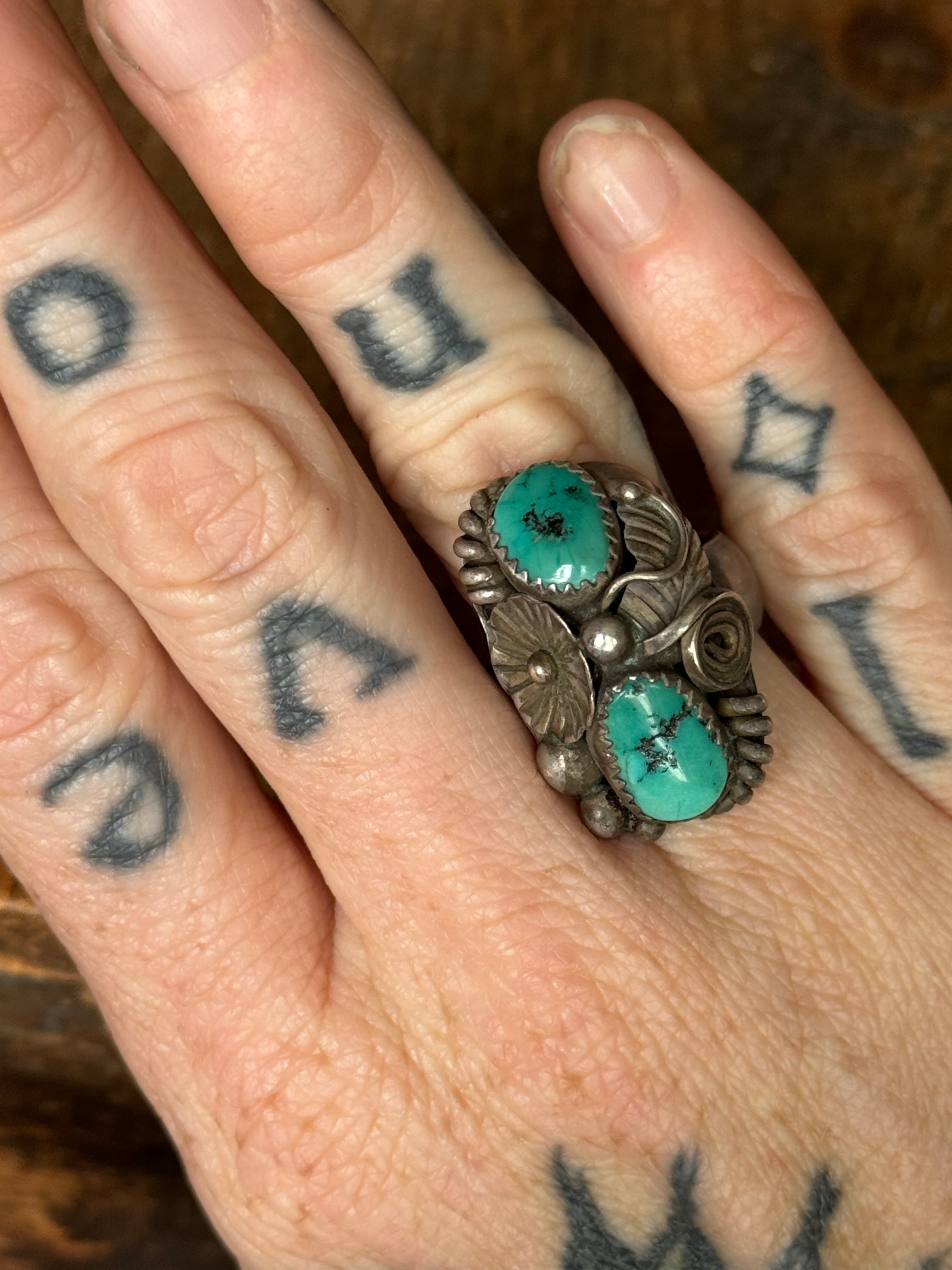 Vintage Sterling Silver Turquoise Flower Ring 7.25