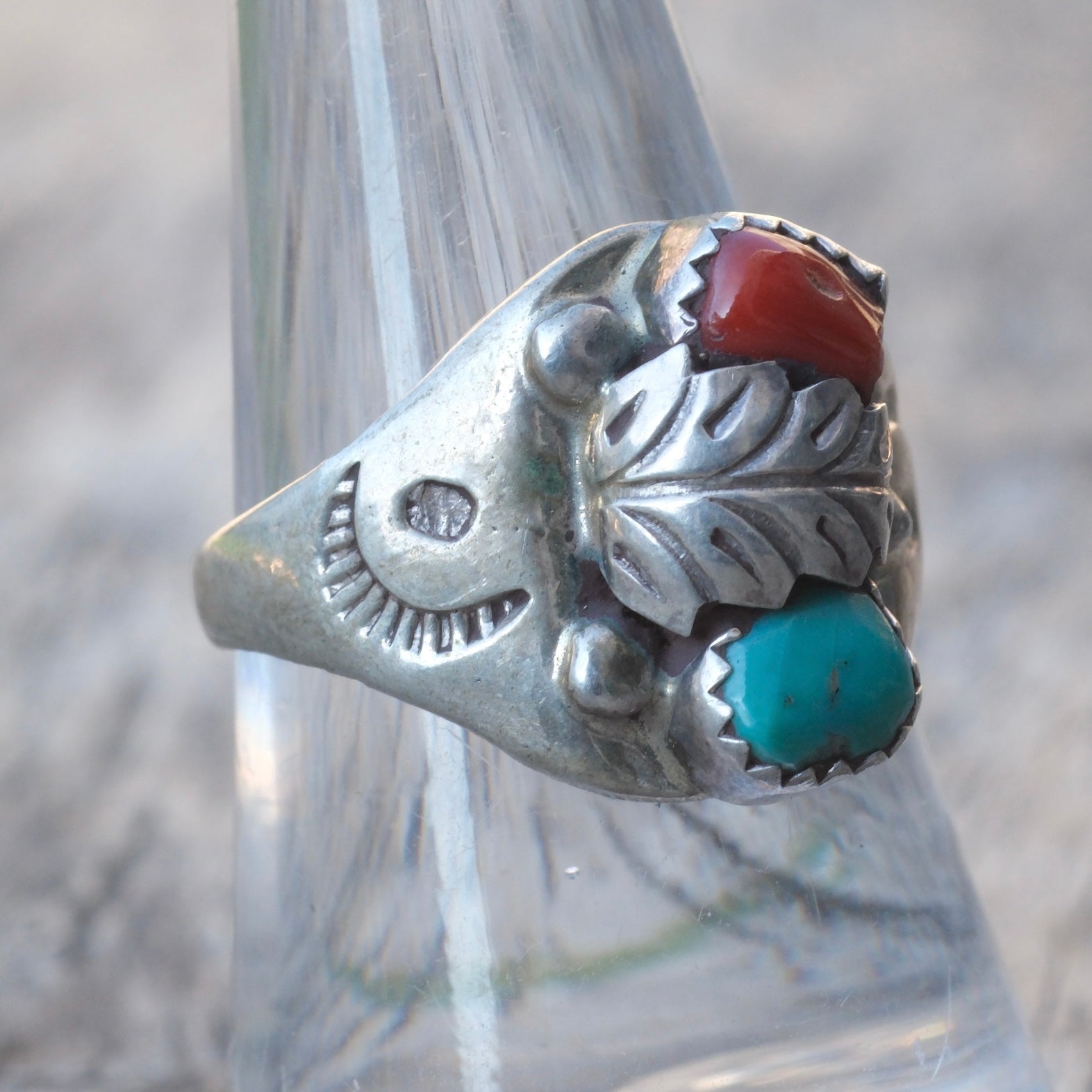Vintage Sterling Turquoise and Coral Feather Ring 8.25