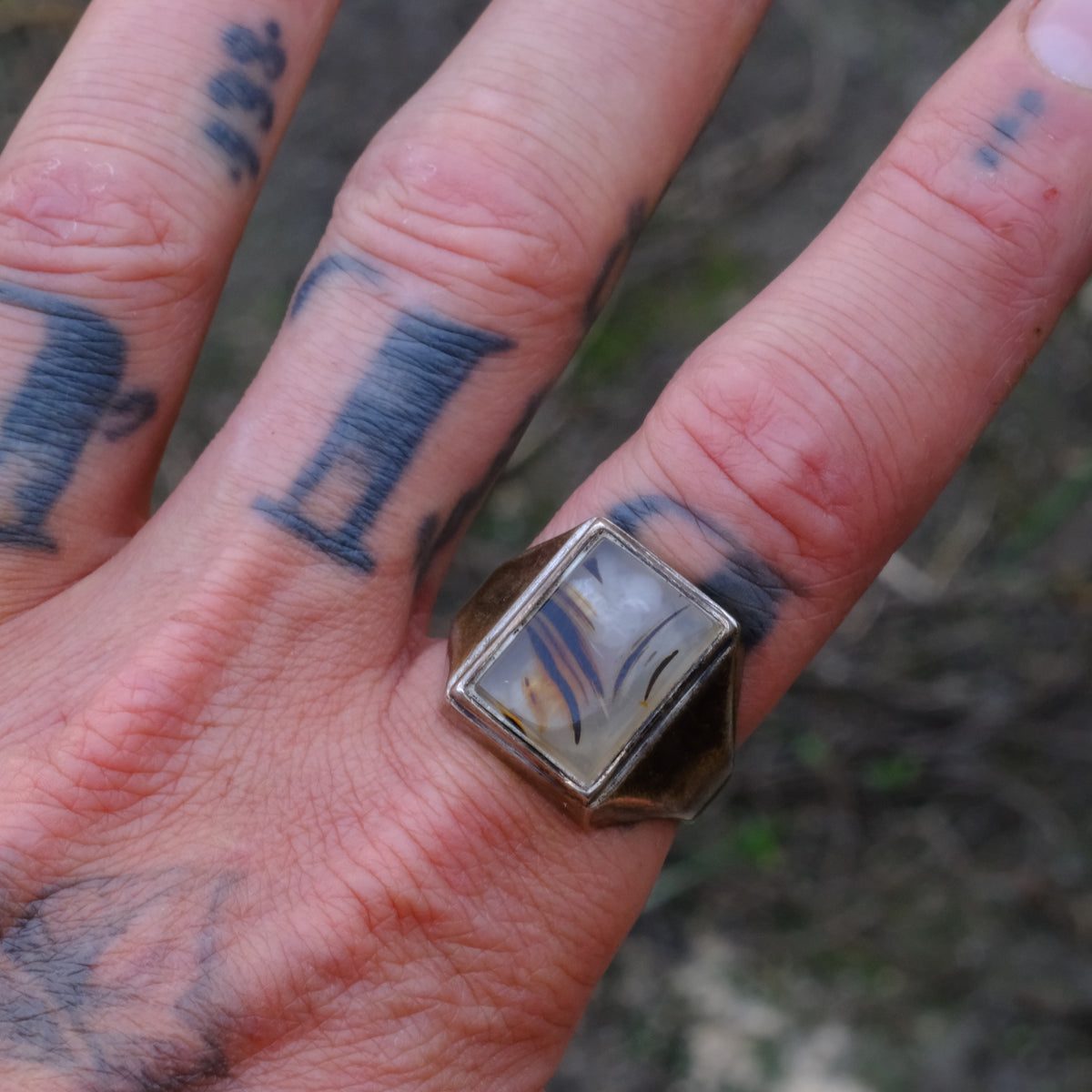 Vintage Sterling Agate Signet Ring 11