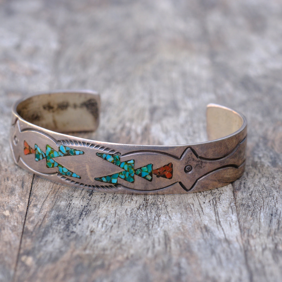 Vintage Sterling Turquoise and Coral Inlay Cuff Bracelet