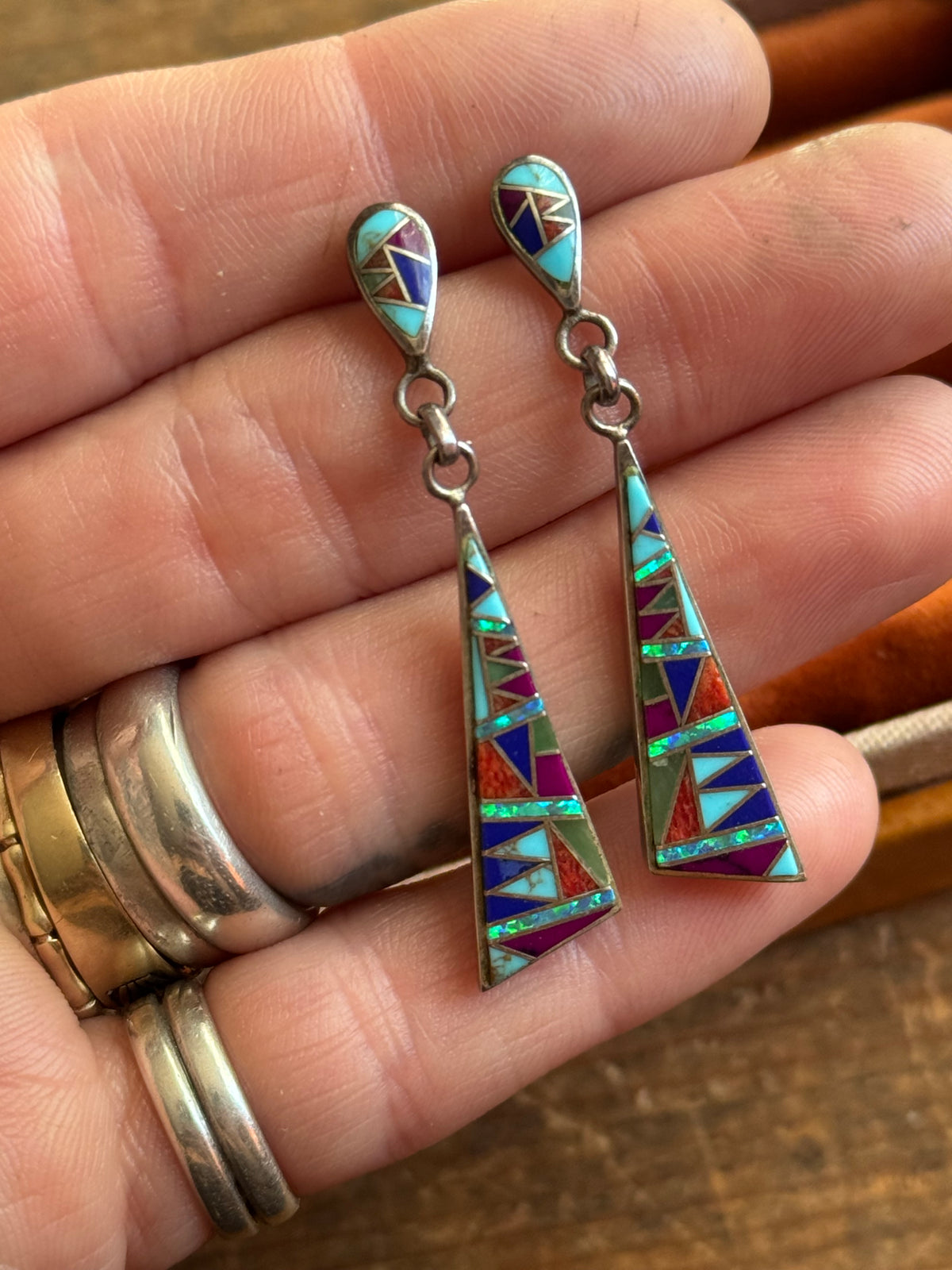 Vintage Sterling Silver Multistone Inlay Earrings
