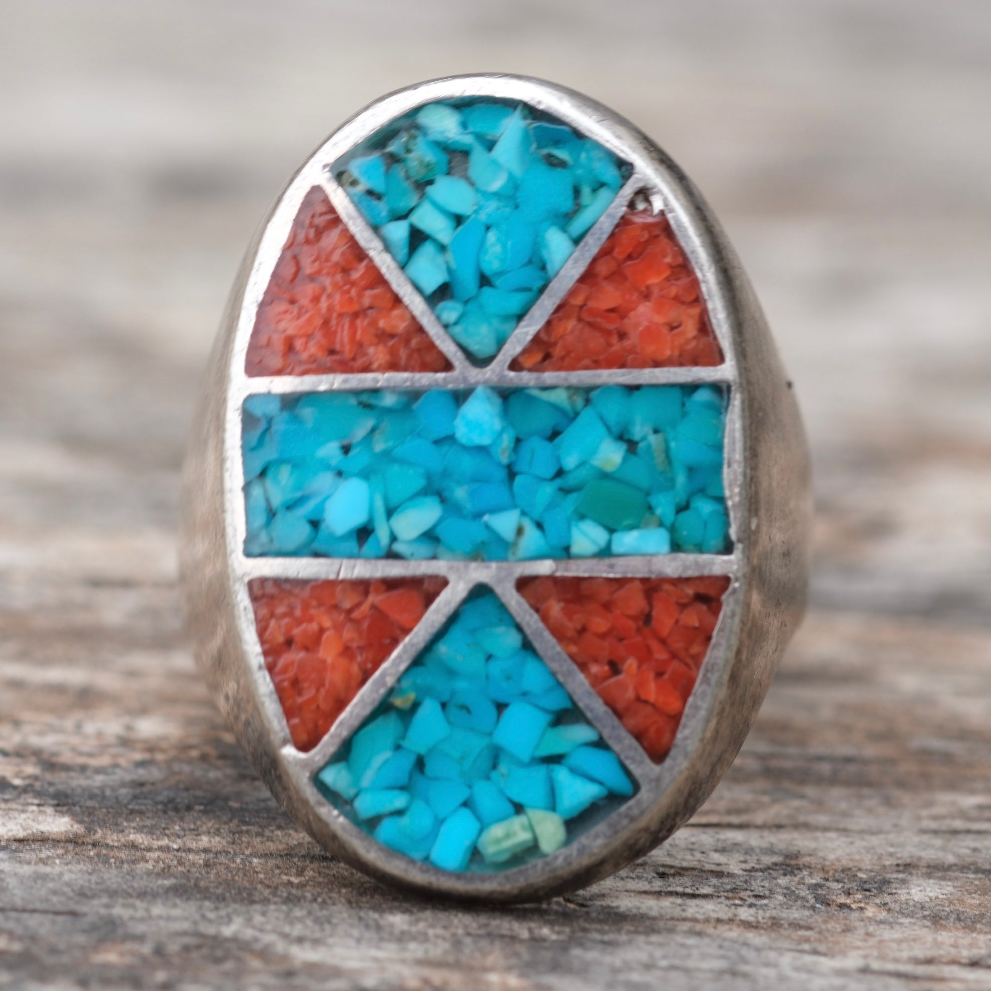Vintage Sterling Turquoise and Coral Inlay Ring 9.75