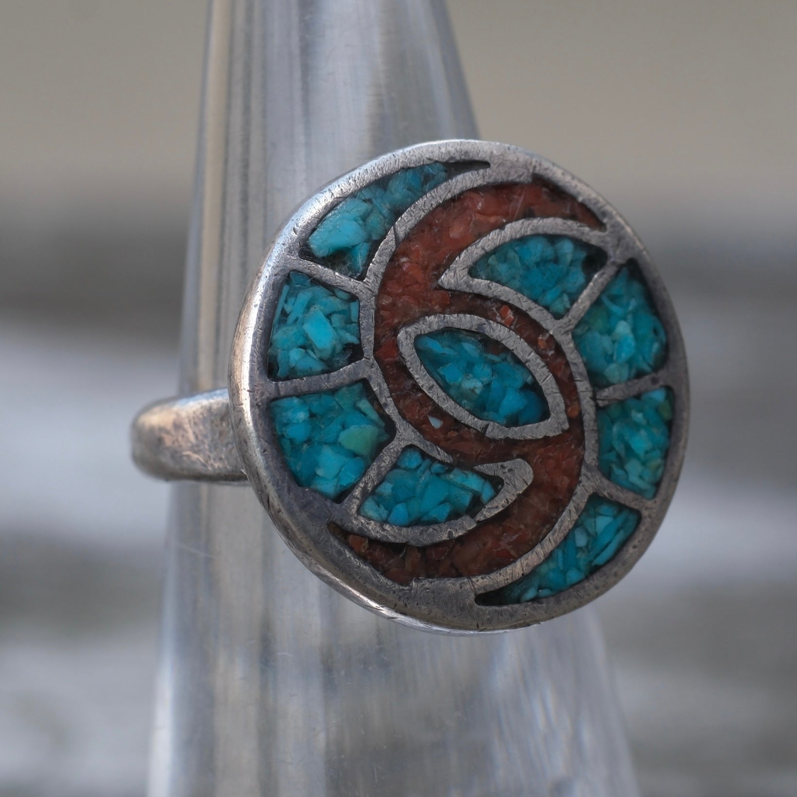 Vintage Sterling Turquoise and Coral Inlay Ring 4.75