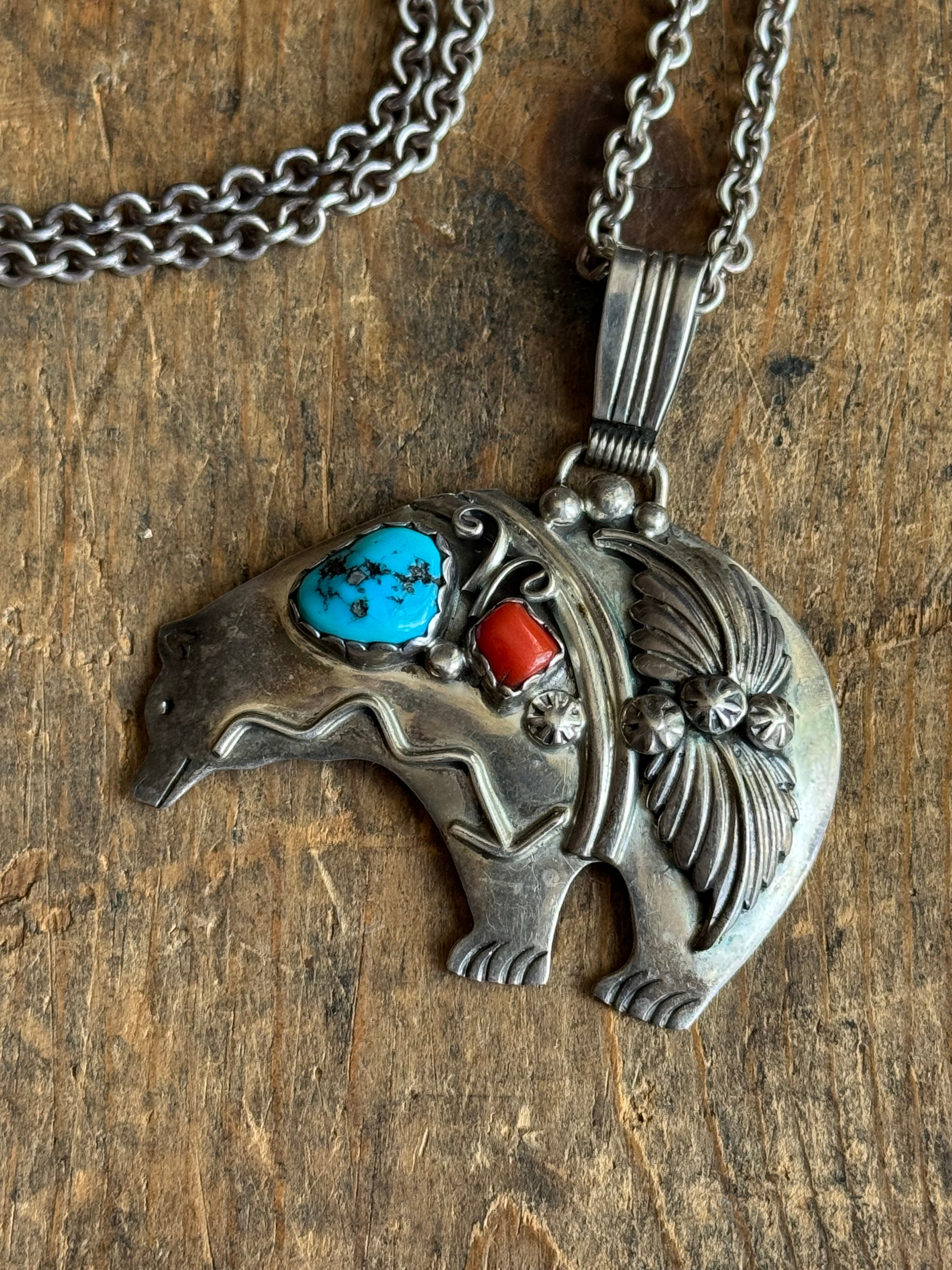 Vintage Sterling Silver Turquoise and Coral Bear Necklace