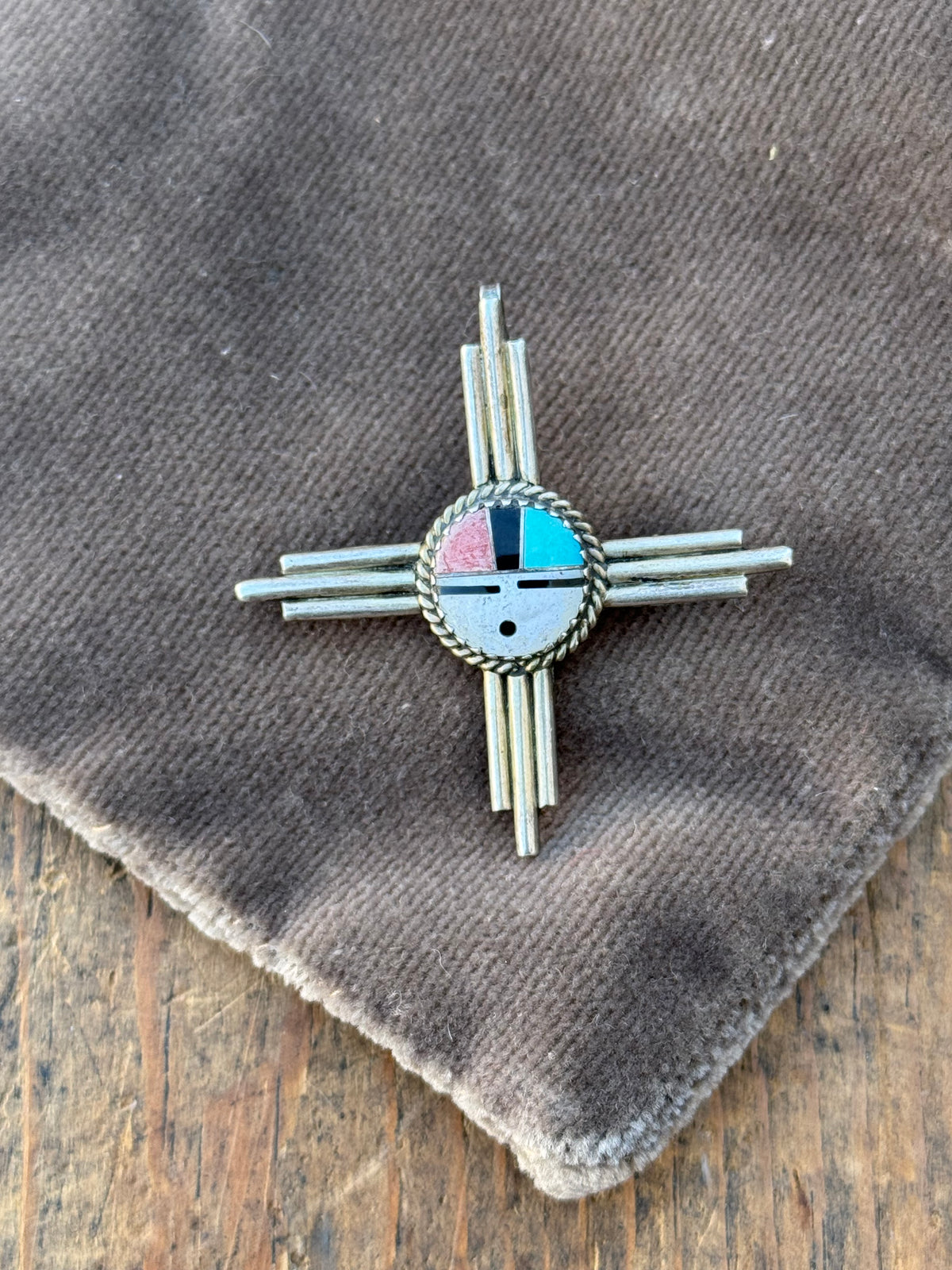 Vintage Sterling Silver Multistone Inlay Sun Face Zia Pin Pendant