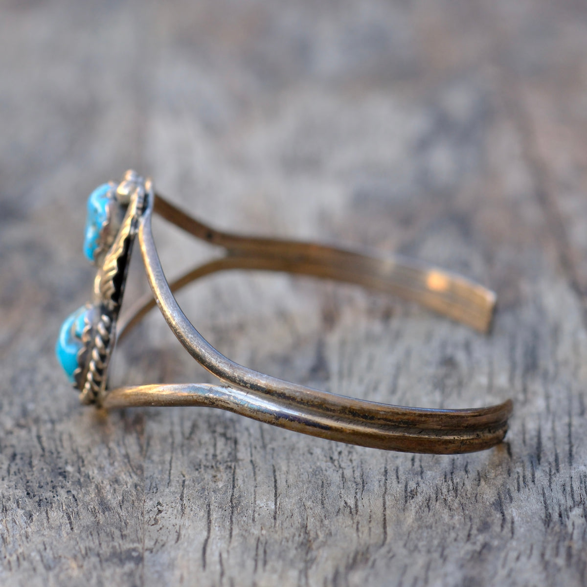 Vintage Sterling 2-Stone Turquoise Feather Cuff Bracelet