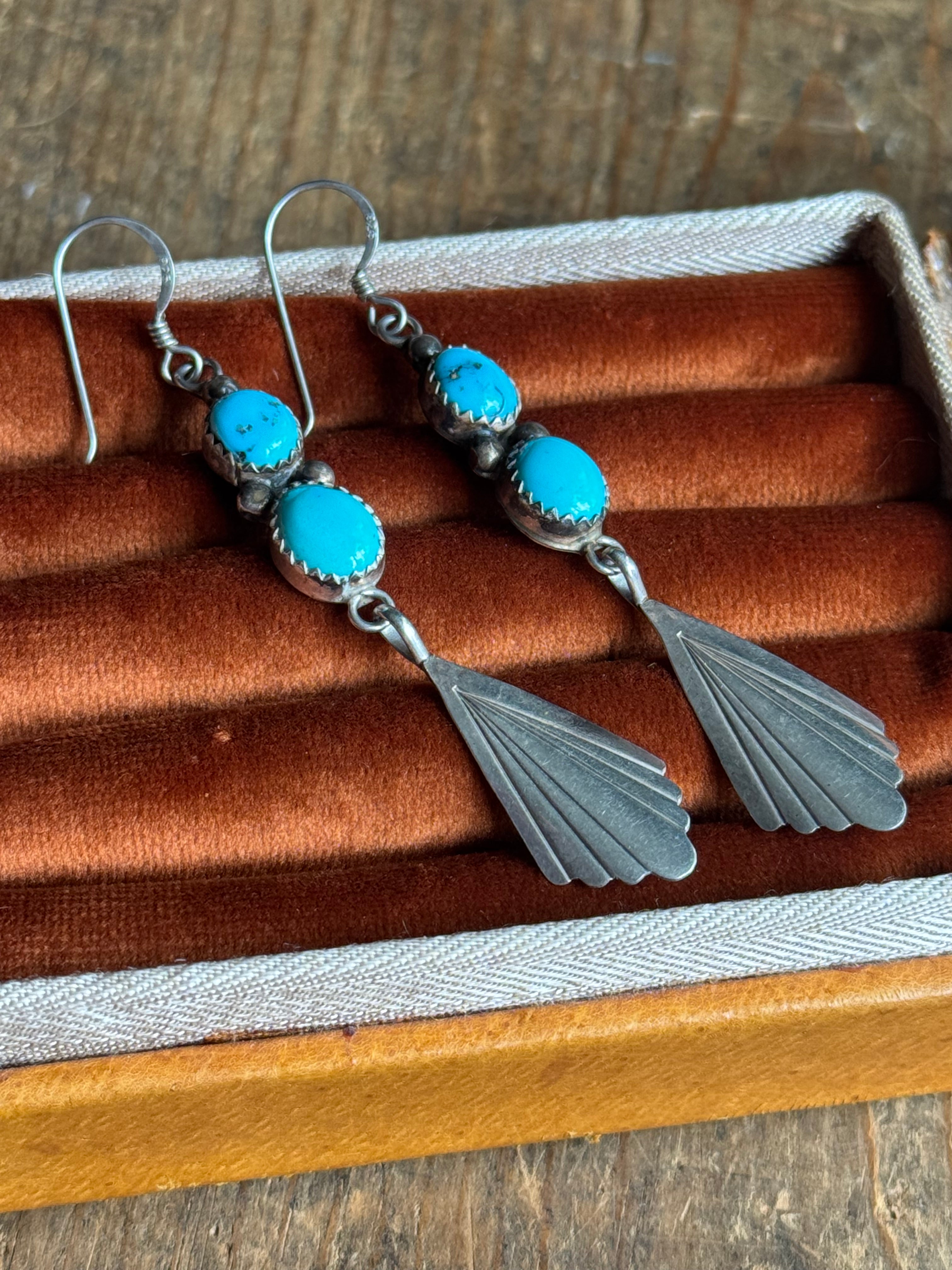 Vintage Sterling Silver Turquoise Fan Earrings