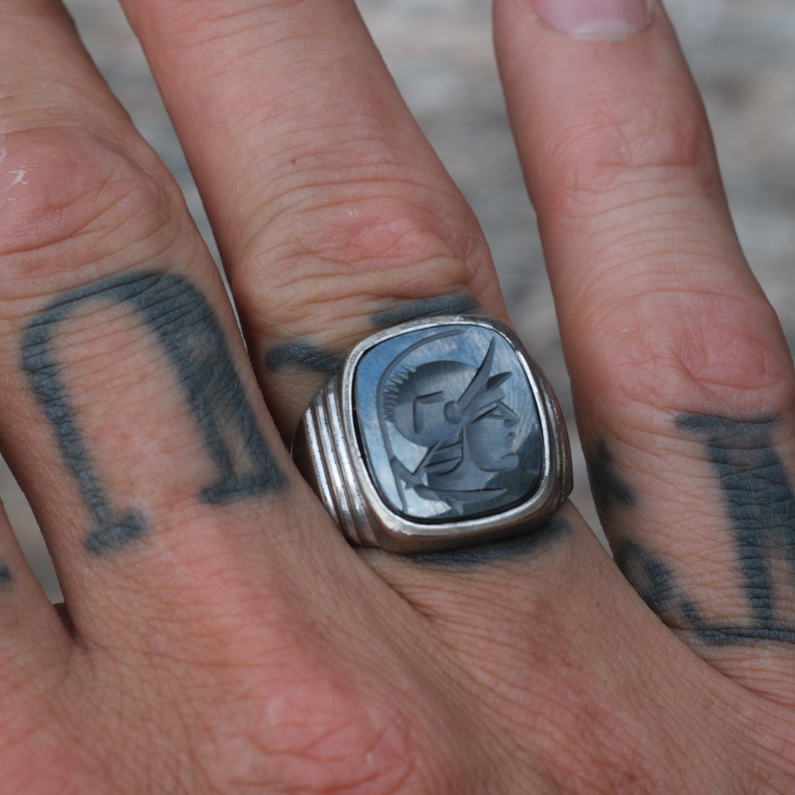 Vintage Sterling Hematite Centurion Signet Ring 7.75