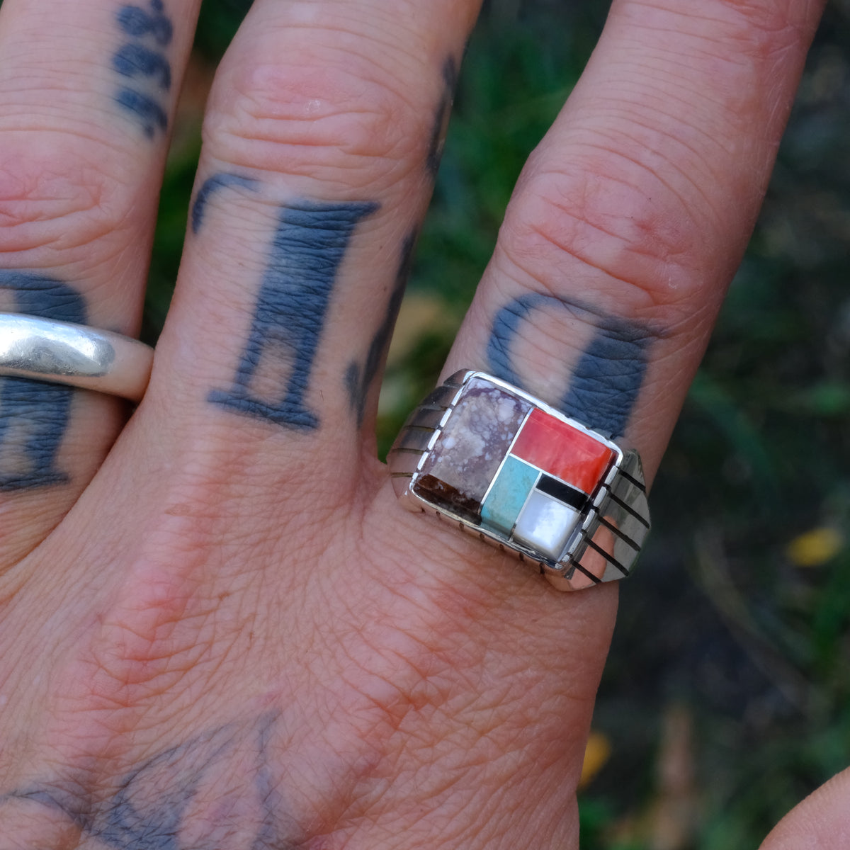 Vintage Sterling Multistone Inlay Ring 13