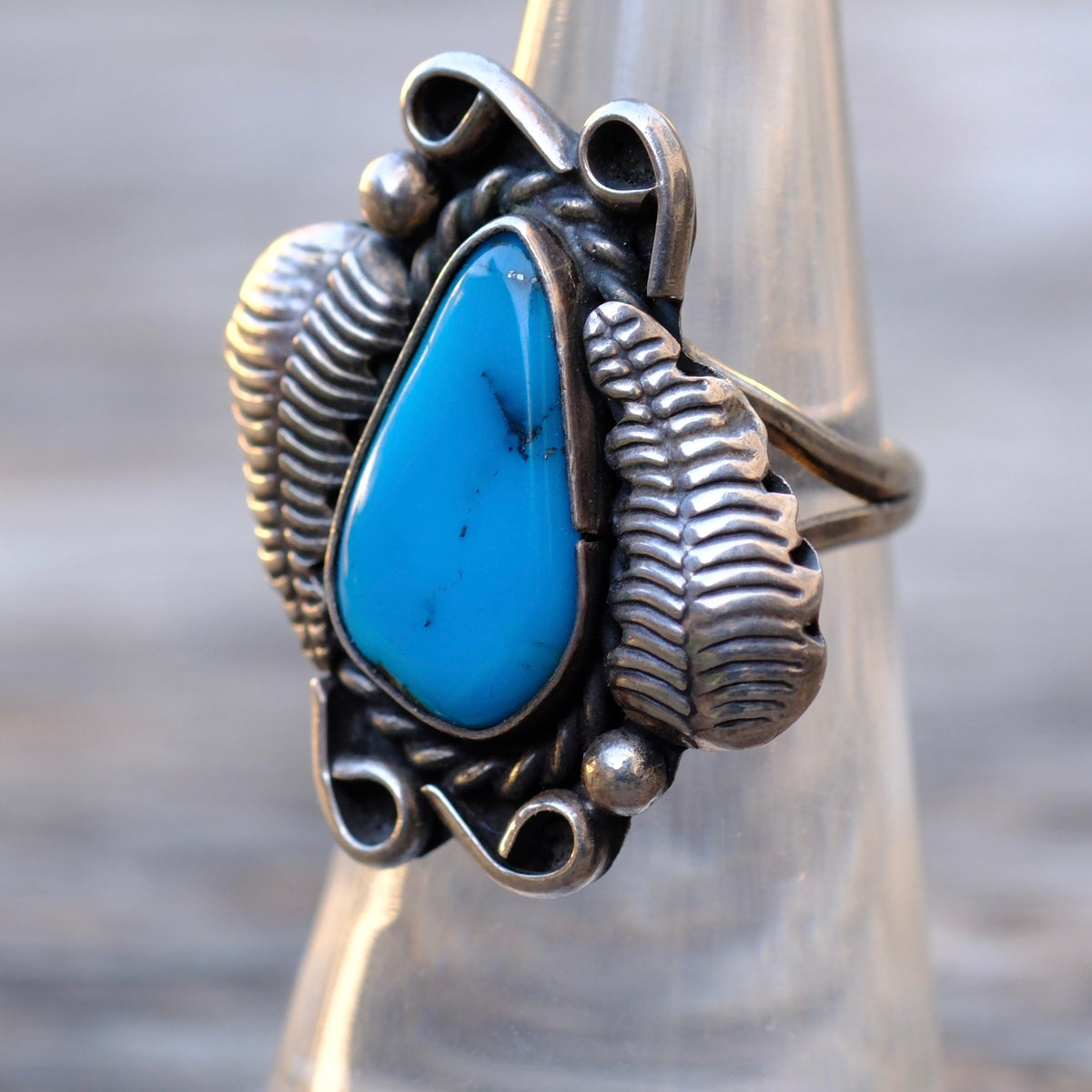 Vintage Sterling Turquoise Feather Ring 6