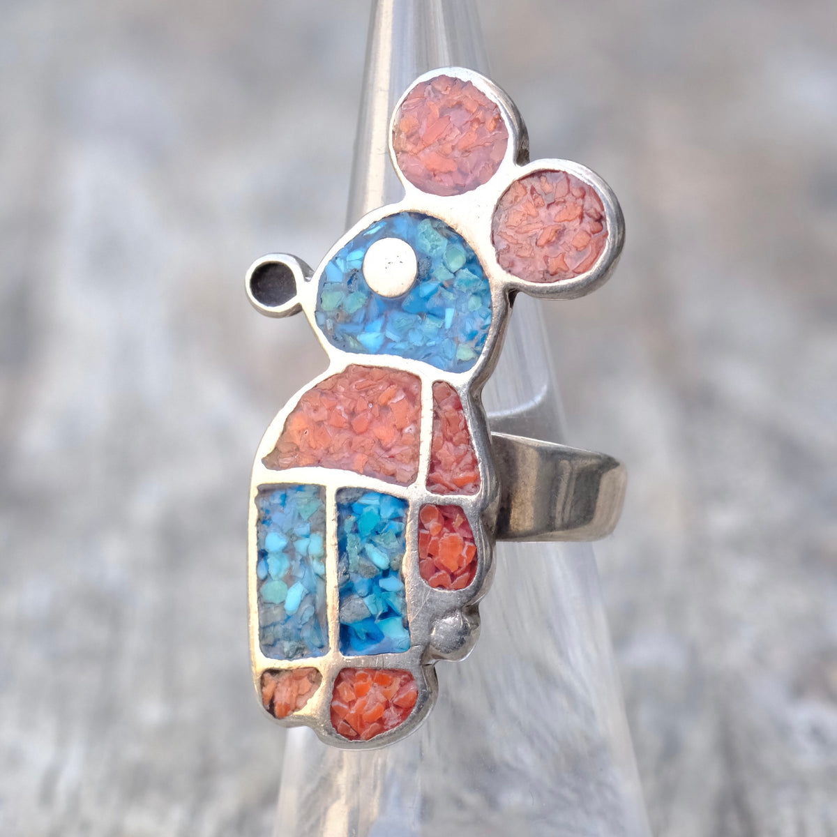 Vintage Sterling Turquoise and Coral Mickey Ring 4.75