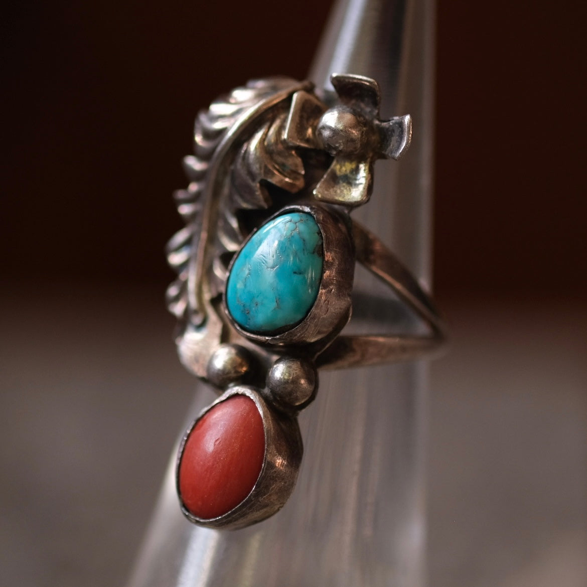 Vintage Sterling Turquoise and Coral Feather Ring 5