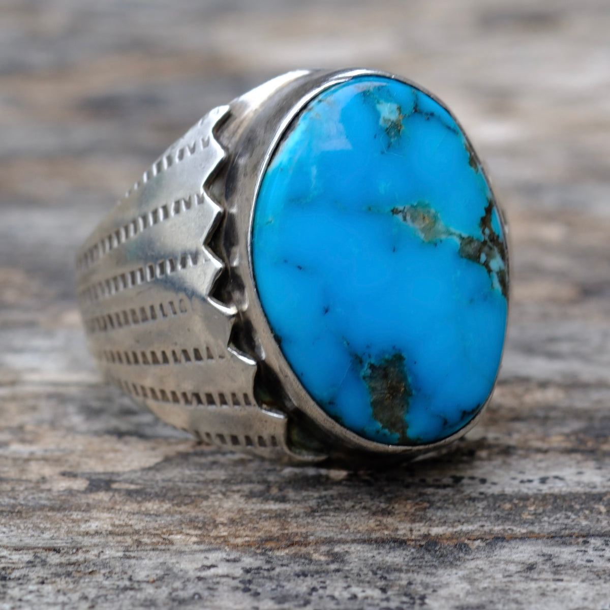 Vintage Sterling Turquoise Ribbed Band Ring 10