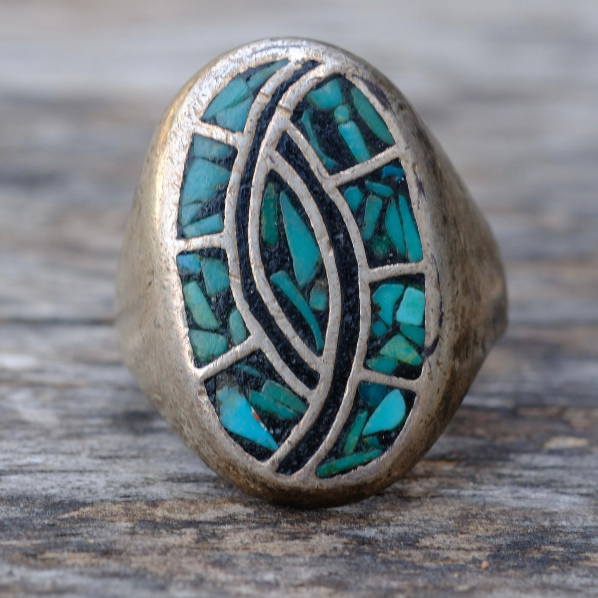 Vintage Sterling Turquoise Chip Inlay Hummingbird Ring 10.5