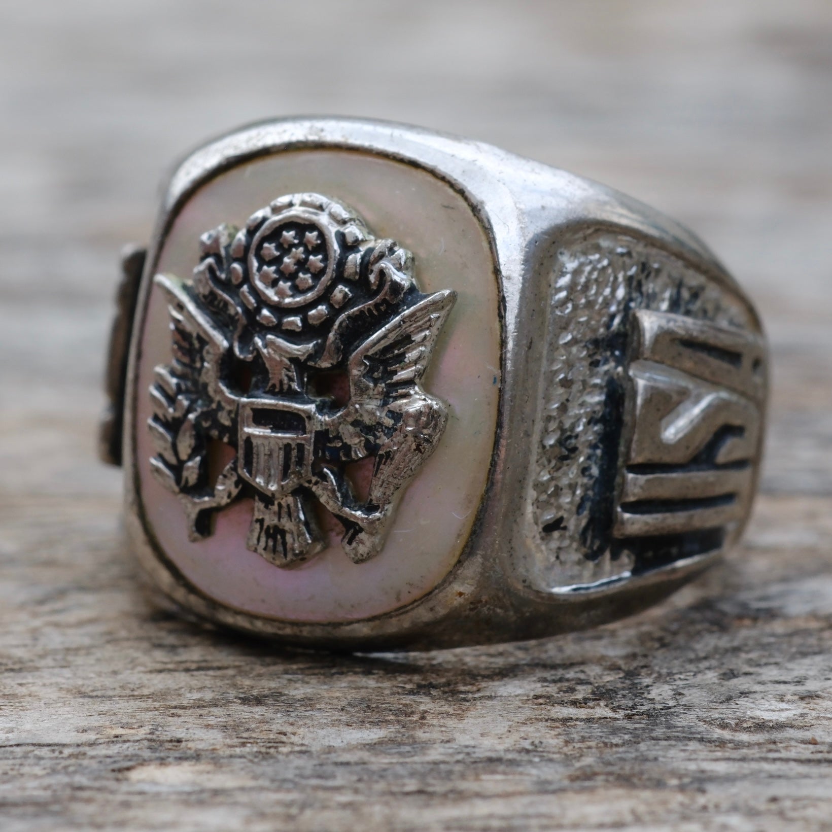Vintage Sterling USN Abalone Signet Ring 10