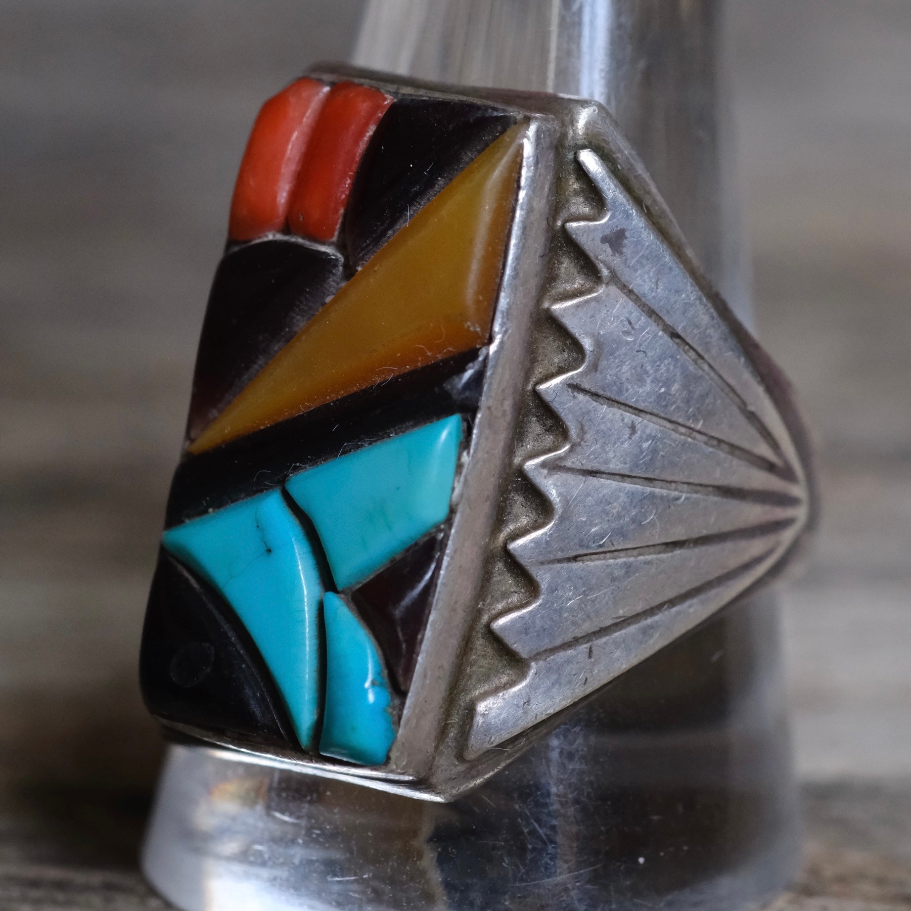Vintage Sterling Multistone Inlay Winged Band Ring 11.5