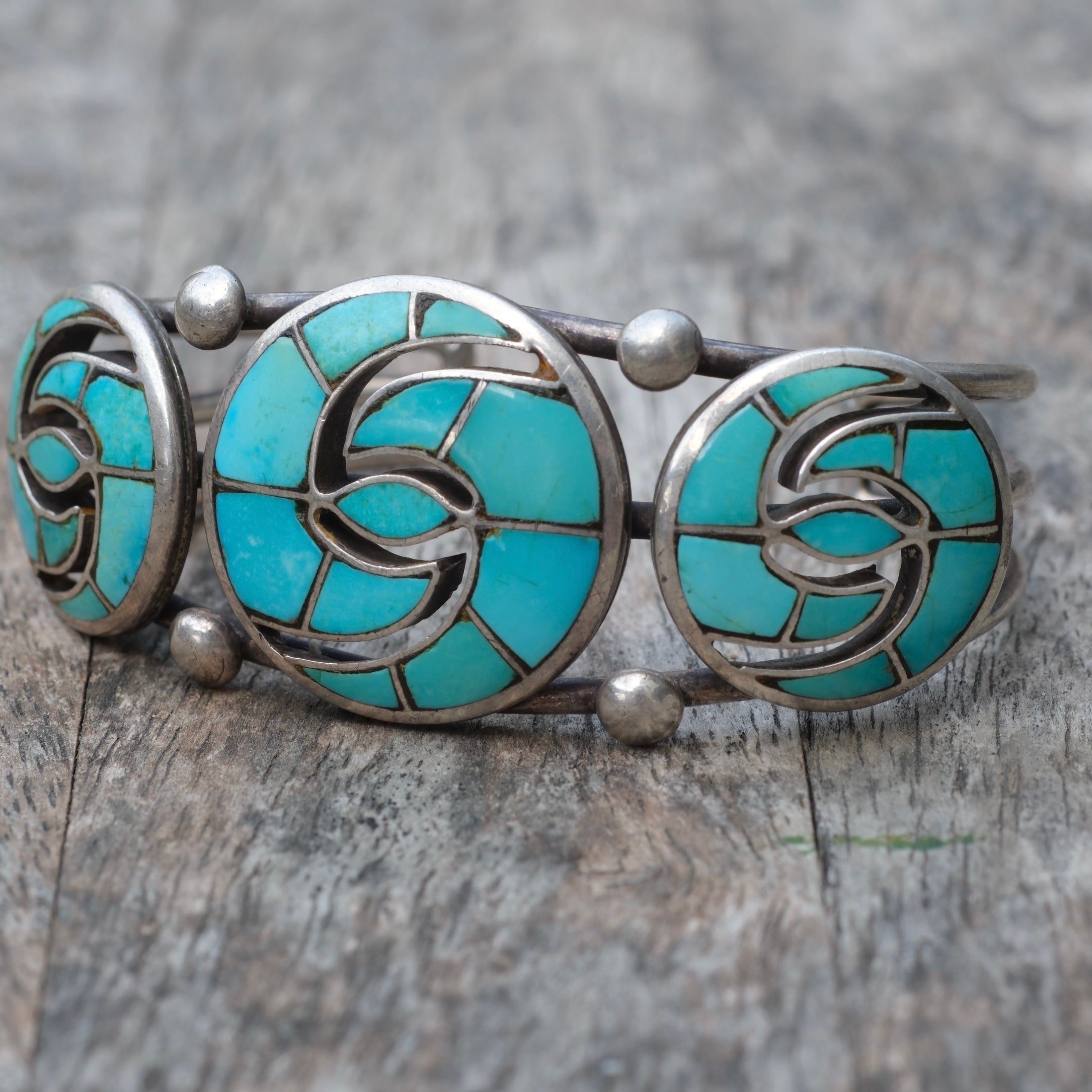 Vintage Sterling Triple Hummingbird Inlay Turquoise Cuff Bracelet