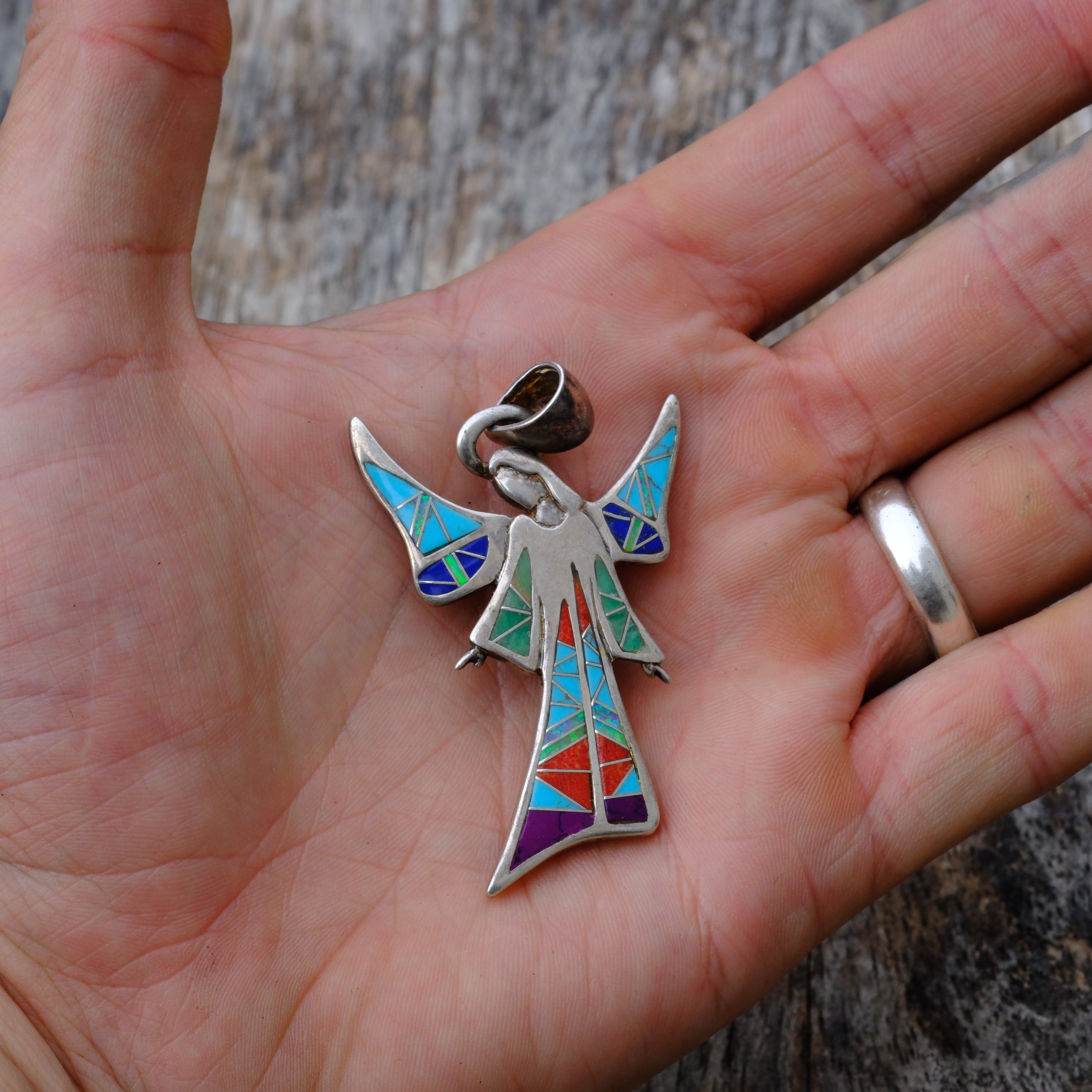 Vintage Sterling Multistone Inlay Angel Pendant