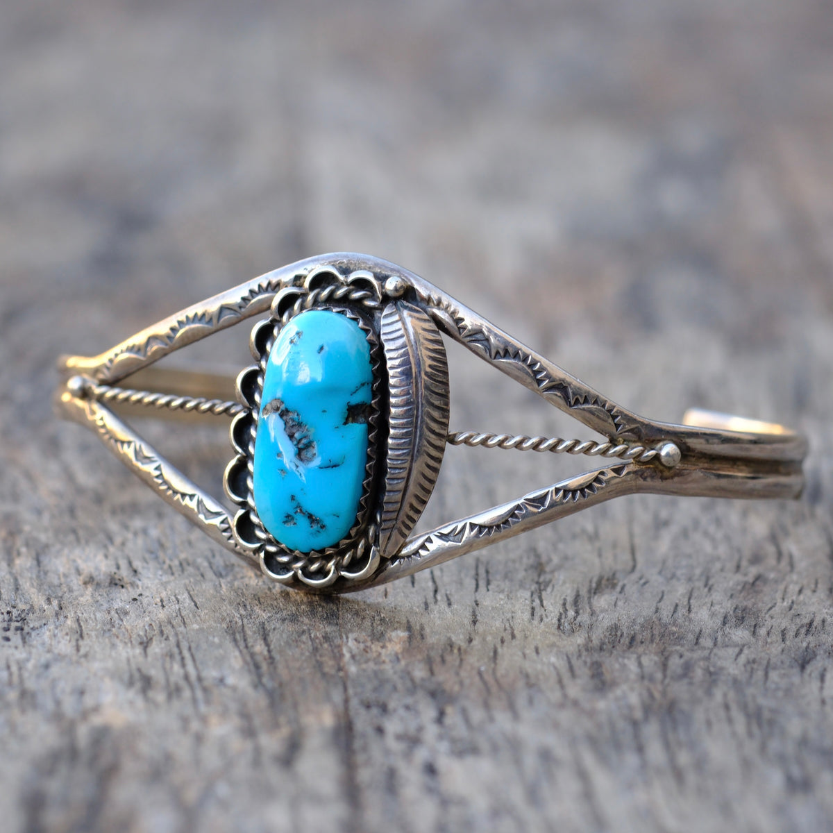 Vintage Sterling Turquoise Feather Cuff Bracelet