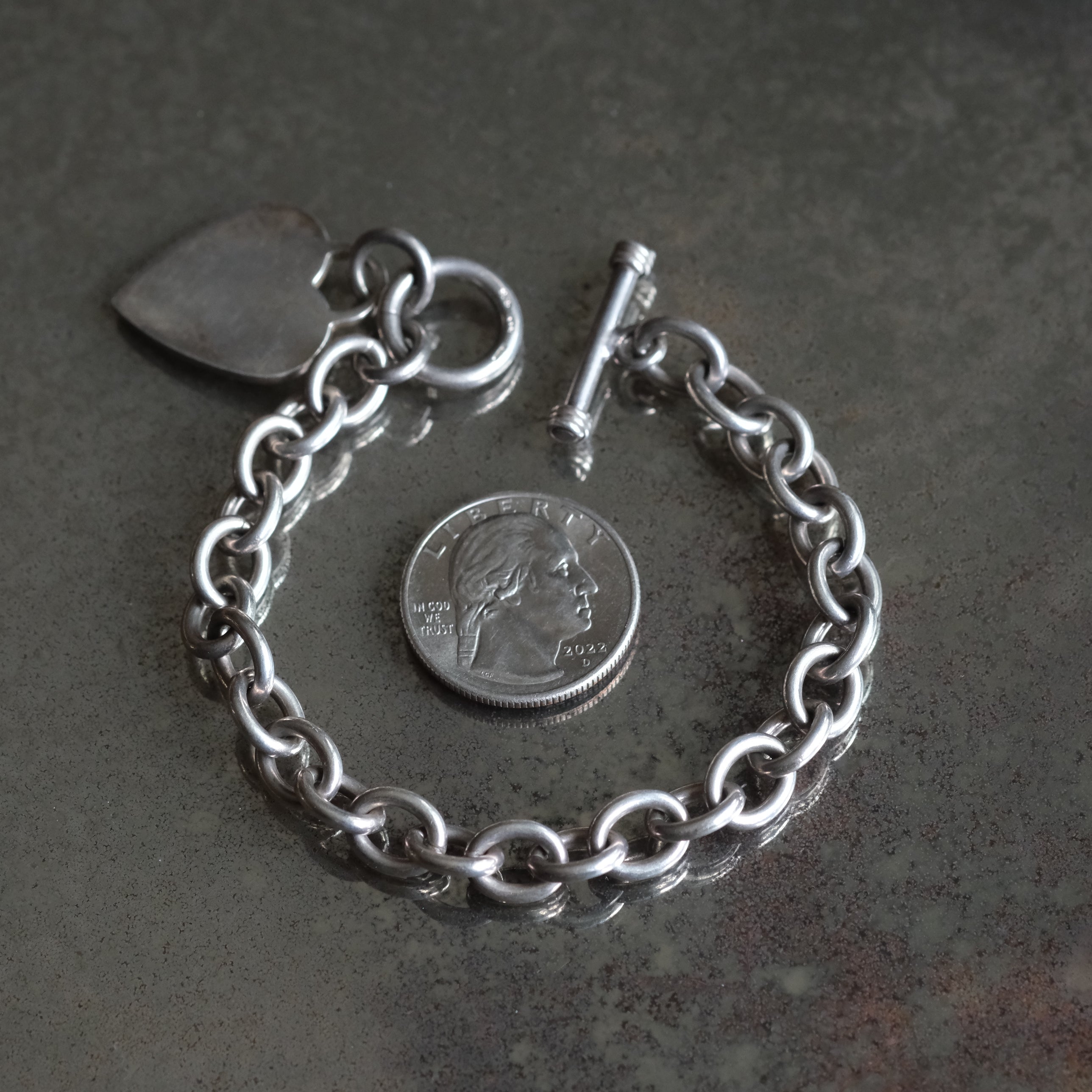Vintage Sterling Rolo Link Heart ID Bracelet 7.75"