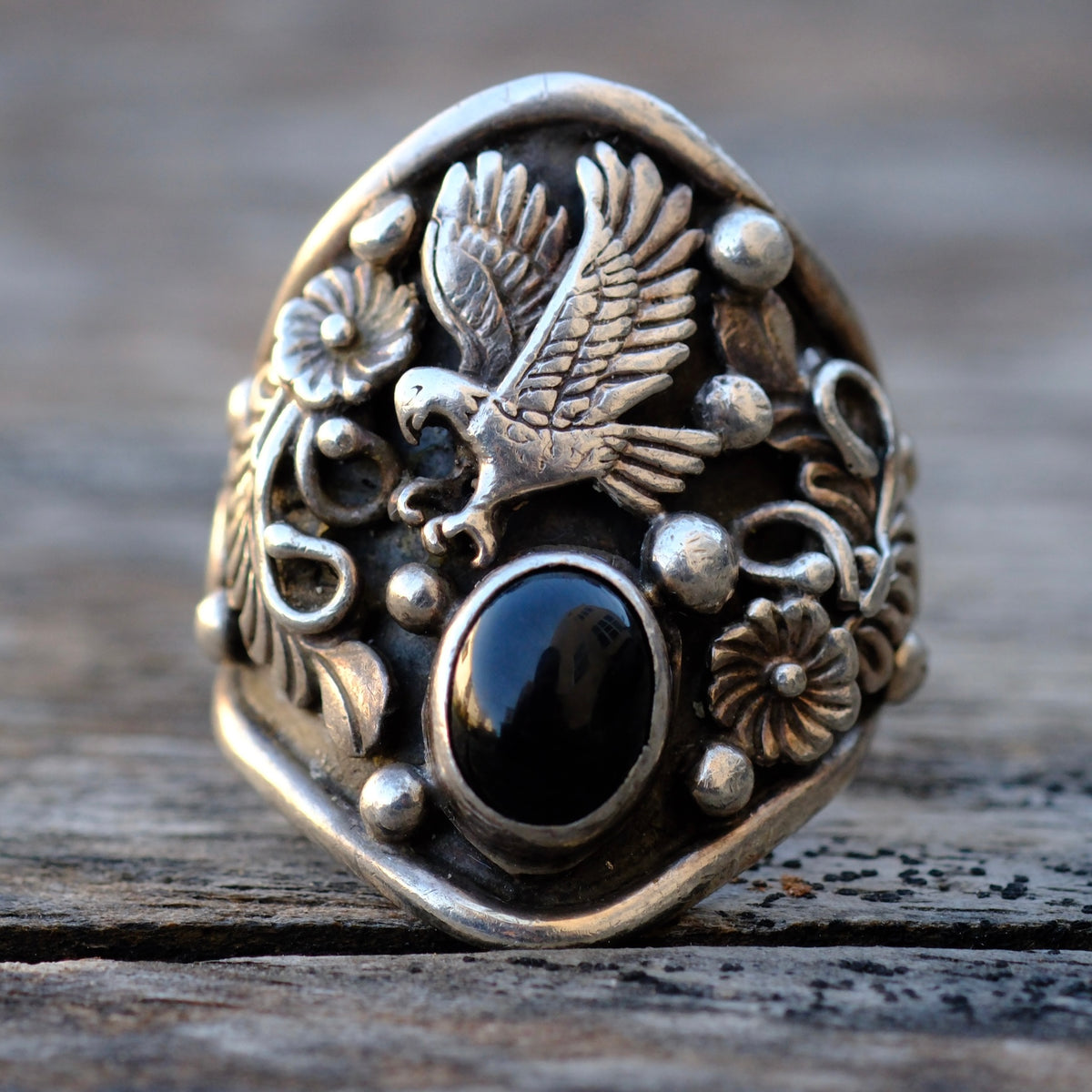 Vintage Sterling Onyx Eagle Ring 8.75